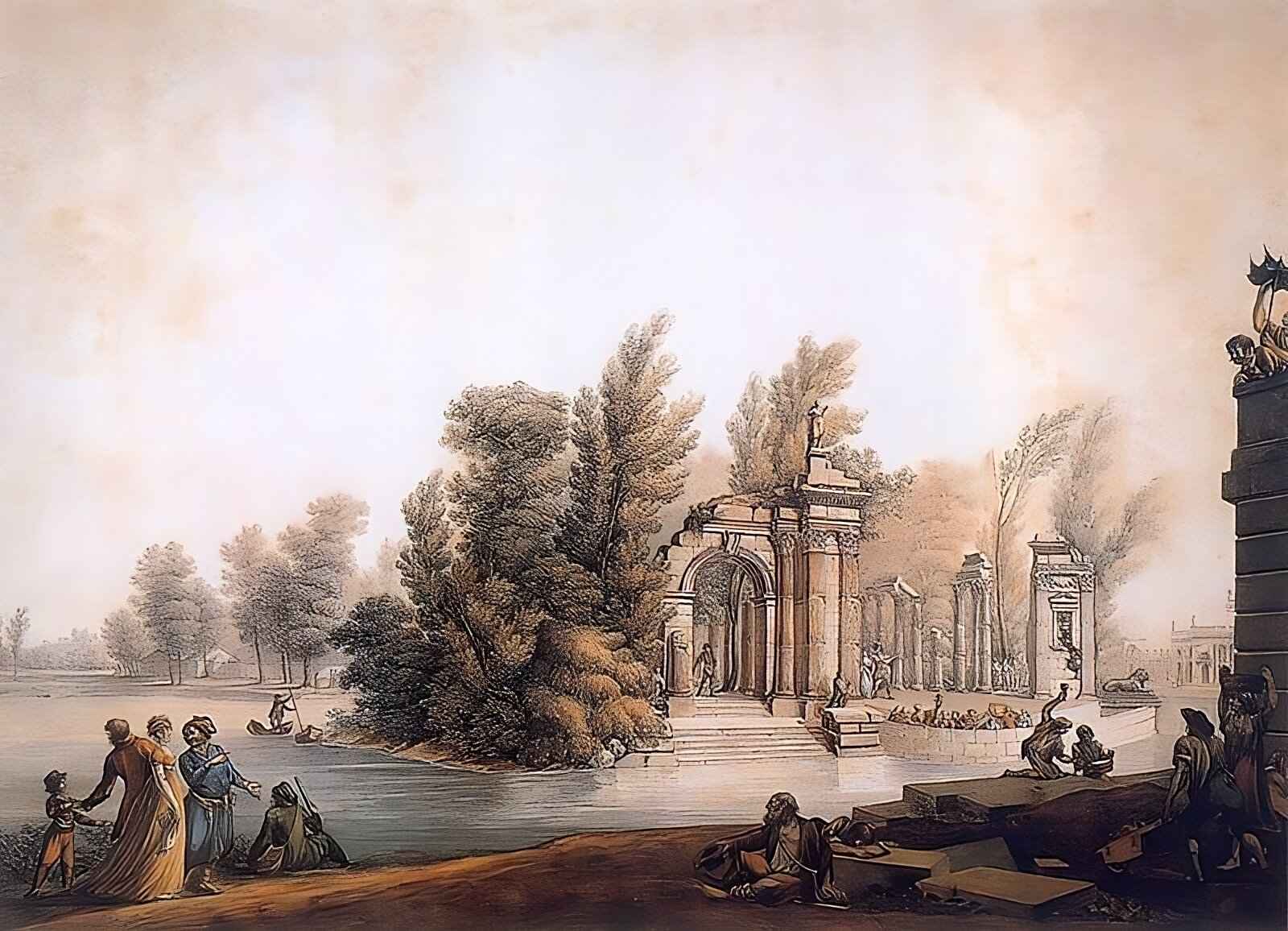 Kliknij, aby powiększyć Obraz przedstawia amfiteatr wśród bujnej, parkowej roślinności. W oddali po prawej stronie obrazu Pałac na Wodzie w Łazienkach w Warszawie. Teatr składa się z dwóch części, widowni (po prawej) i sceny (po lewej), przedzielonych wypełnionym wodą kanałem. Scena, położona na sztucznej wyspie, otoczona jest sztucznymi ruinami, wzorowanymi na architekturze rzymskiej. Między sceną a kanałem znajduje się miejsce dla orkiestry. Artysta zobrazował scenę prób orkiestry i aktorów przed przedstawieniem. Towarzyszy im praca robotników przy wznoszeniu parkowych instalacji oraz spacer rodziny w strojach z epoki wzdłuż kanału.