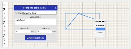 Ukazany jest obszar rysowania, gdzie znajduje się wpisany w prostokąt trójkąt. Obok jest otwarte okno Pokaż info zaznaczenia. Nazwa dowolna linia, adnotacje undefined, wysokość 18, szerokość 78. Poniżej przycisk: zatwierdź zmiany.