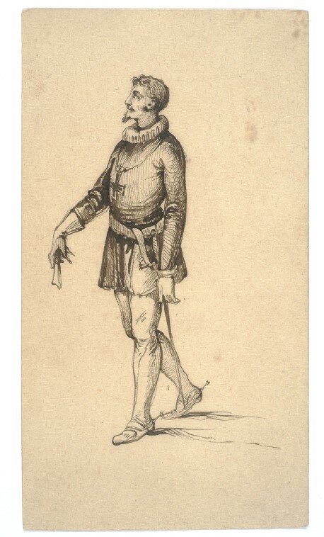 Czarno‑biały rysunek tuszem i piórkiem przedstawia postać idącego mężczyzny w stroju z XVII wieku. Ma krótkie włosy i hiszpańską bródkę. Pod szyją znajduje się okrągły, plisowany kołnierz zwany kryzą. Mężczyzna ubrany jest w kaftan sięgający do połowy ud, na nogach ma pończochy i półbuty z ostrogami. Kaftan przepasany jest pasem, u boku wisi szpada. W prawej. lekko uniesionej ręce trzyma rękawiczkę.