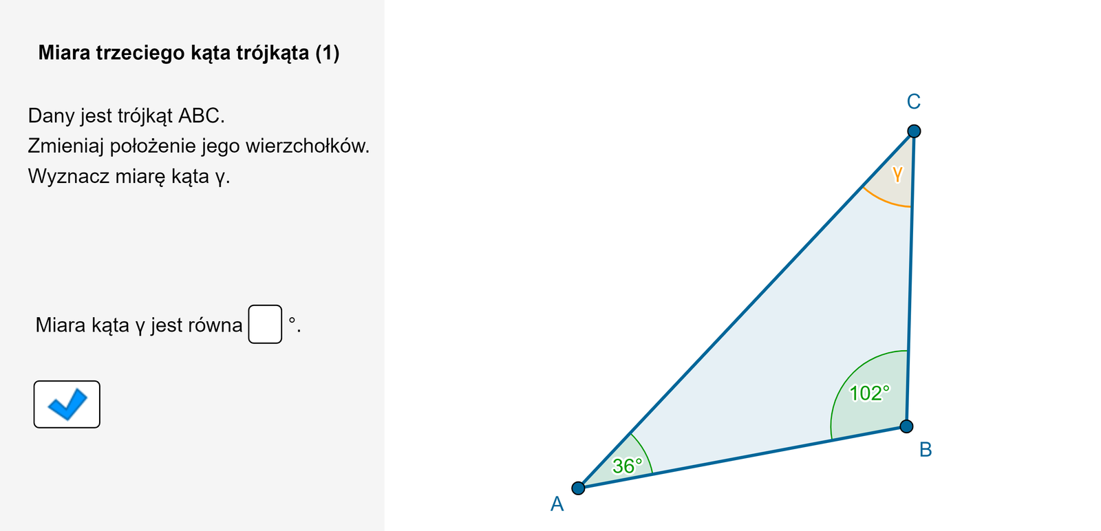 Animacja przedstawia trójkąt A B C. Poruszając wierzchołkami trójkąta obserwujemy miary dwóch jego kątów. Należy podać miarę trzeciego kąta.