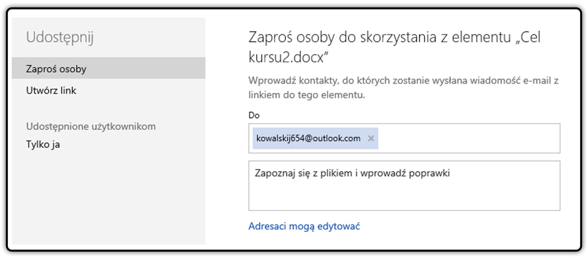 Zrzut okna: Udostępnij z zaznaczoną opcją: Zaproś osoby