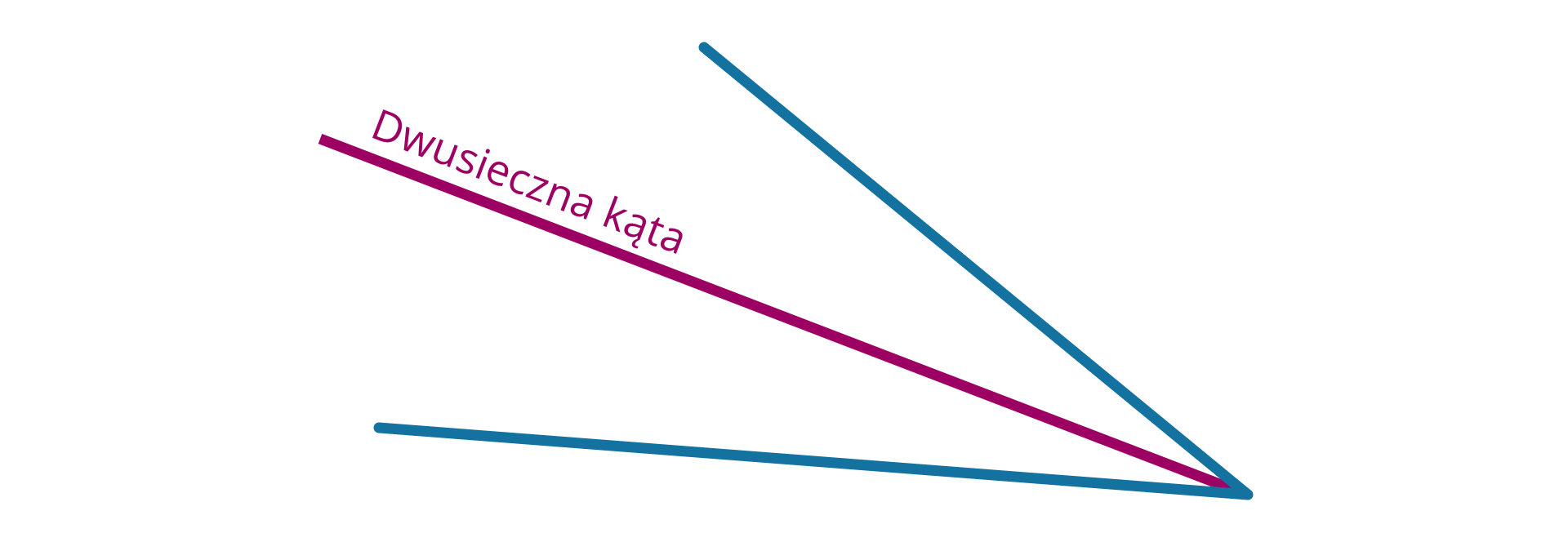 Ilustracja przedstawiająca kąt ostry. Kolorem różowym zaznaczono półprostą o początku w jego wierzchołku, która dzieli ten kąt na dwa kąty przystające. Nad półprostą zapisano: dwusieczna kąta.