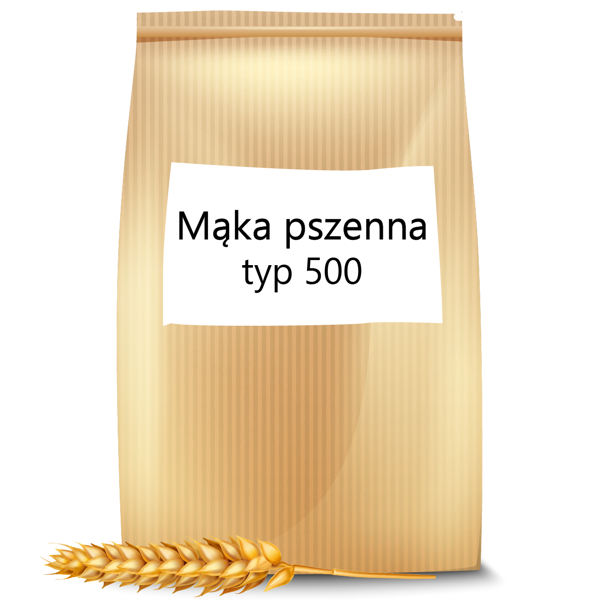 Grafika przedstawia jasnobrązowe opakowanie z mąką. Na opakowaniu widoczna jest biała prostokątna etykieta z napisem Mąka pszenna typ 500. Po lewej stronie u dołu widoczny jest leżący kłos zboża.