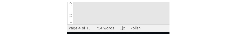 Zrzut ekranu przedstawia pasek stanu u dołu okna programu MS Word. Widoczne są podstawowe informacje dotyczące przykładowego dokumentu: Page 4 of 13, 754 words. Obok Ikona w postaci książki z checkboxem, co świadczy o braku błędów ortograficznych w dokumencie (przy wystąpieniu błędu widoczny jest znak iks zamiast checkboxa). jako ostatni naps: Polish.