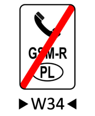 Wskaźnik wu trzydzieści trzy. Biała prostokątna tablica z czarną obwódką na której znajduje się przekreślony czerwonym pasem unoszącym się od lewej do prawej strony pod kątem ostrym, czarny znak graficzny słuchawki telefonicznej, a pod słuchawką kolejno dwa napisy gie es em myślnik er oraz czarny napis pe el, znajdujący się w elipsie z czarnym obramowaniem.