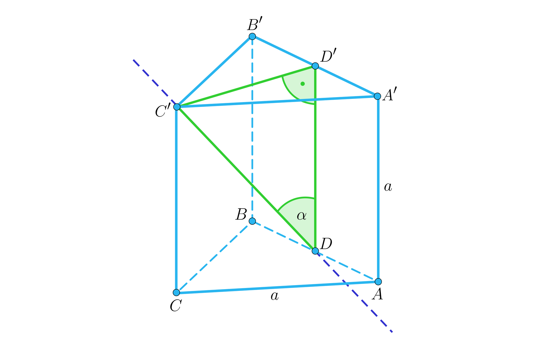 Rysunek przedstawia graniastosłup prawidłowy czworokątny, wierzchołki dolnej podstawy to A B C, a wierzchołki górnej podstawy to A' B' C'. Krawędź podstawy podpisano literą a, krawędź boczną również podpisano literą a. Na środku boku AB znajduje się punkt D. Przez punkty C' i D przechodzi prosta. Na krawędzi A' B' bezpośrednio nad punktem D zaznaczono punkt D' . Punty C' D'D tworzą trójkąt prostokątny, w którym D D' C' to kąt prosty, a kąt C' DD' podpisano literą alfa.