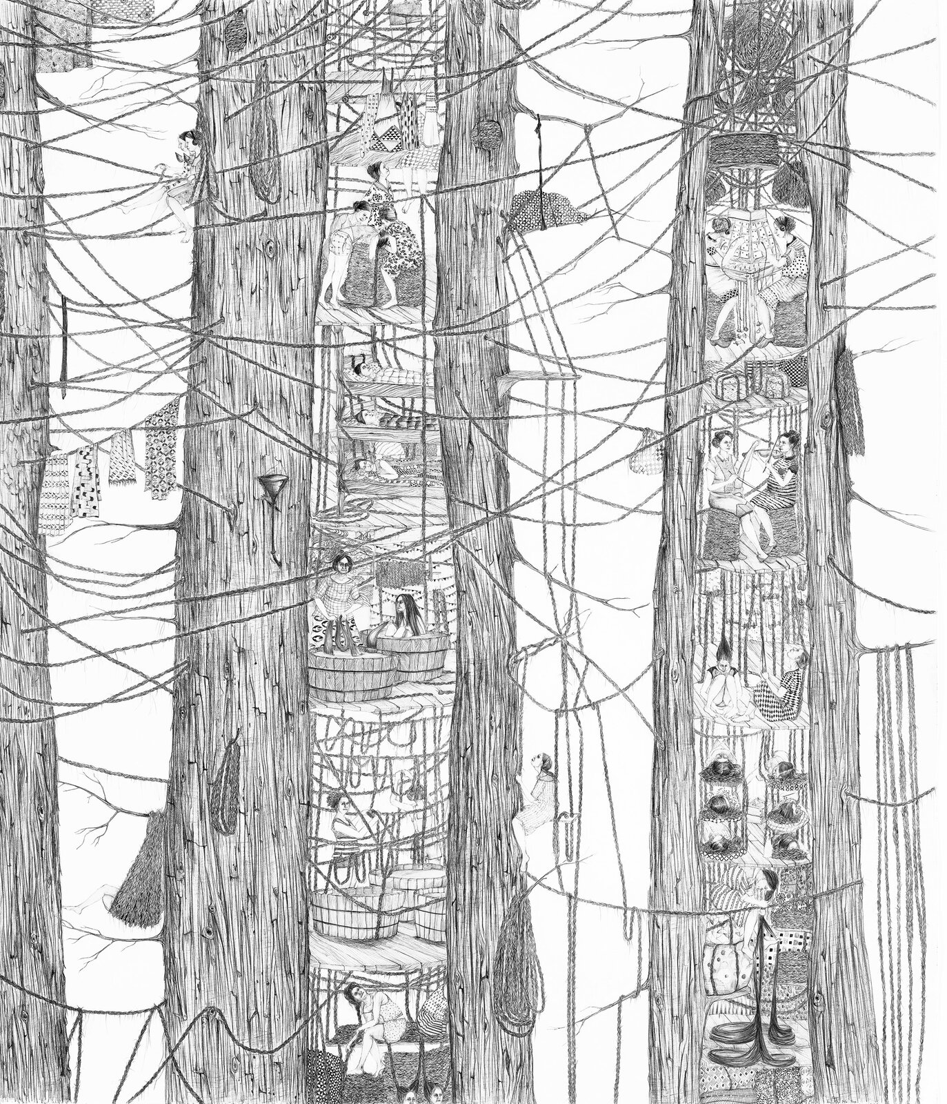 Ilustracja przedstawia pracę Amy Cutler, „Fossa” są to drzewa wewnątrz których znajdują się postacie wykonujące różne czynności między innymi spanie czy mycie. Rysunki wewnątrz drzew są wykonane na całej ich wysokości, drzewa stanowią wyłącznie pnie oraz cienkie linie - gałęzie, pozbawione liści.