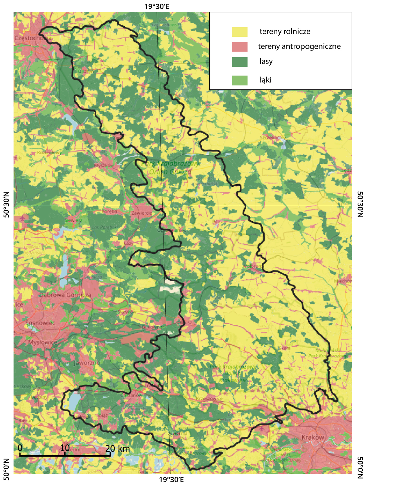 Mapa przedstawia teren Wyżyny Krakowsko‑Częstochowskiej. Kolorem żółtym oznaczono tereny rolnicze, czerwonym tereny antropogeniczne, ciemnozielonym lasy, zielonym łąki. Tereny rolnicze występują na większości powierzchni wyżyny. Lasy oraz łąki w większości występują w zachodniej i w północnej części naprzemiennie z terenami rolniczymi. Tereny antropogeniczne zajmują najmniejszą część wyżyny, większość tych terenów znajduje się w południowej części. 