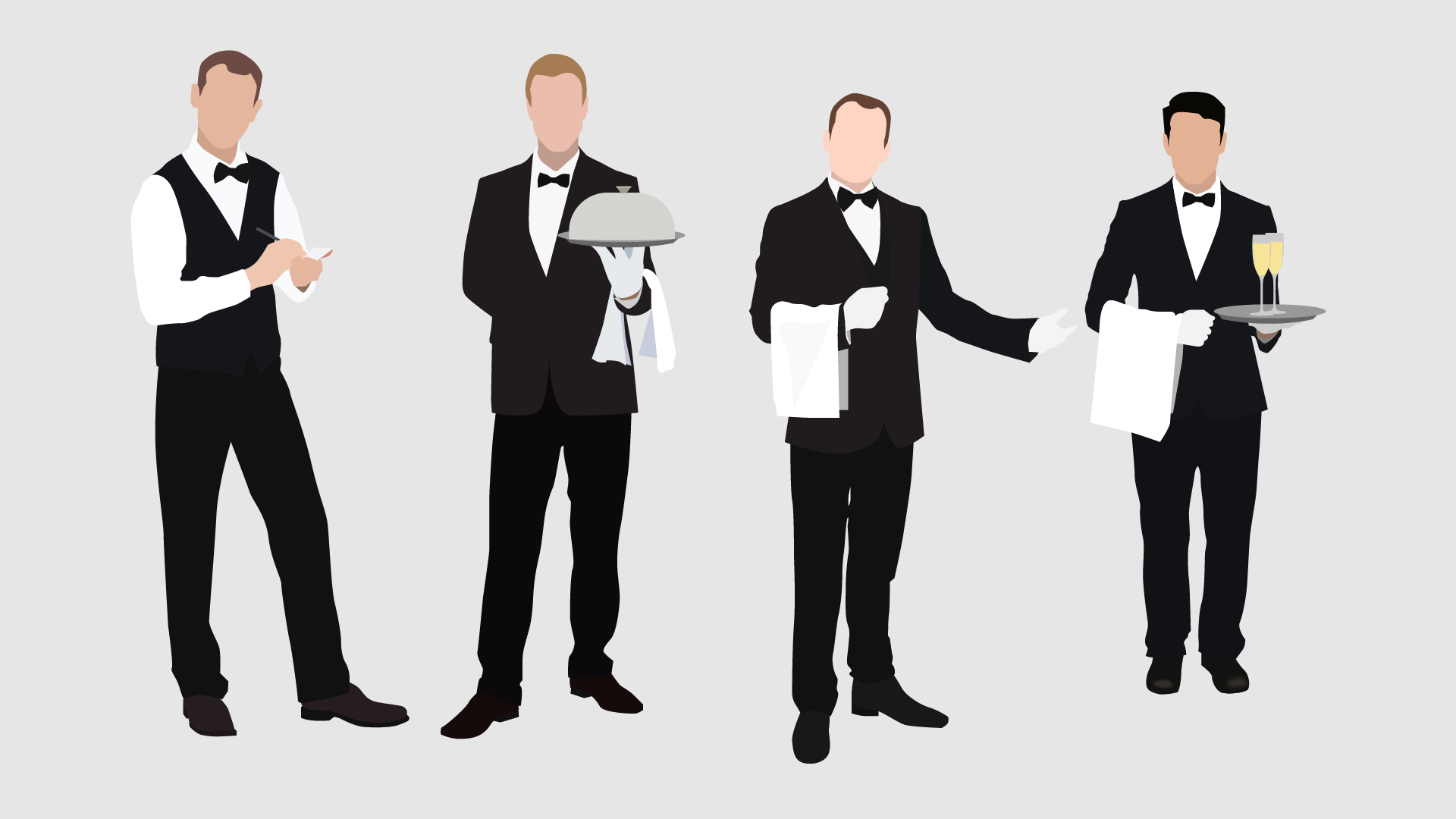 Na grafice znajdują się cztery postacie przedstawiające kelnera w różnych sytuacjach: przyjmującego zamówienie, podającego potrawę, zapraszającego do stolika i kelnera podającego drinki. Kelnerzy mają chustę wiszącą na prawym przedramieniu.