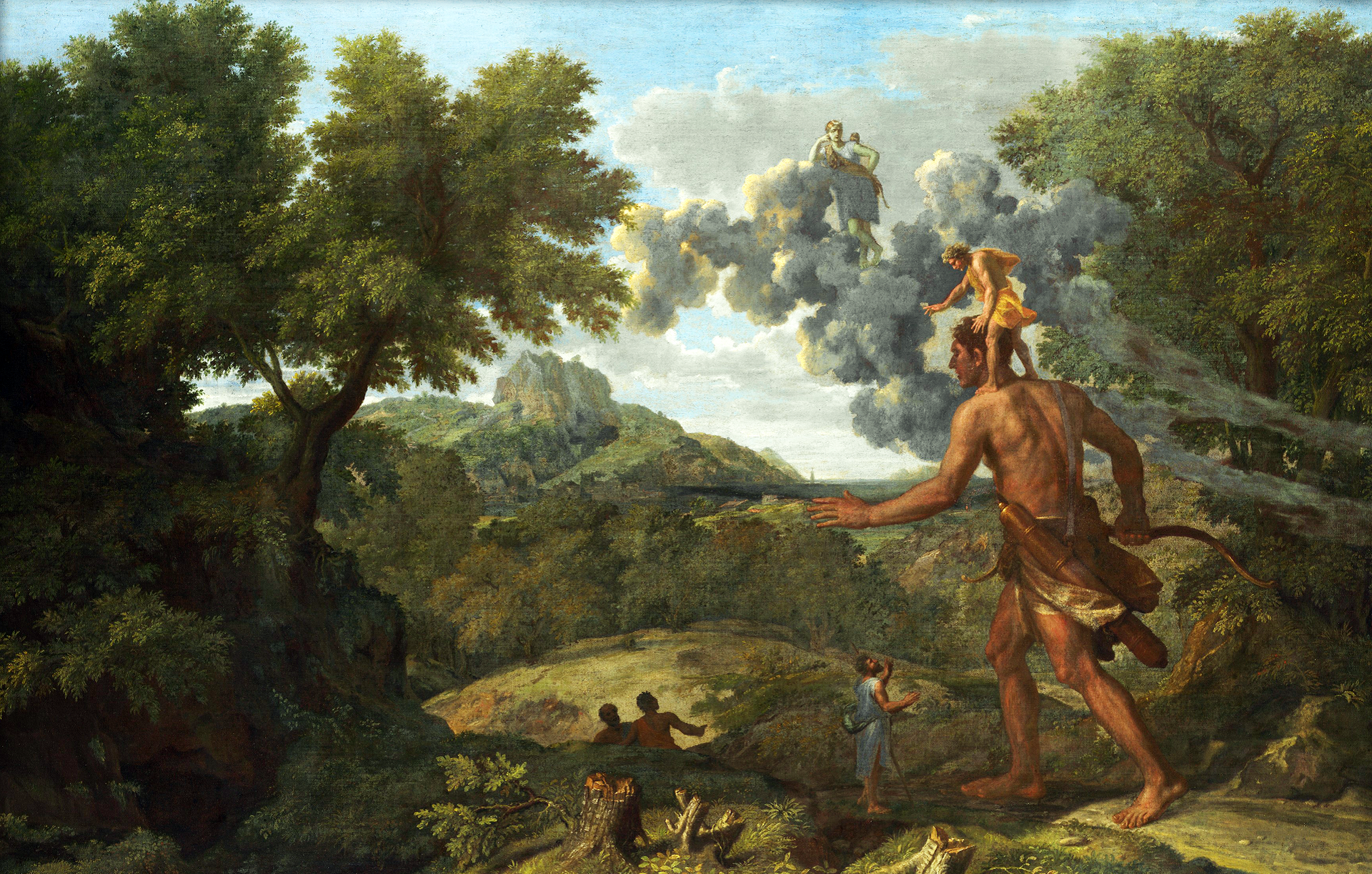 Ilustracja przedstawia obraz „Pejzaż z Orionem” autorstwa Nicolasa Poussina. Obraz ukazuje krajobraz doliny z licznymi drzewami i krzewami. Doliną idzie postać olbrzyma. Jest to skąpo ubrany mężczyzna, niosący w prawej dłoni łuk. Postać u boku ma zawieszony kołczan. Na ramionach olbrzyma stoi mężczyzna, na którego postać nie zwraca uwagi. Dookoła znajdują się ludzie obserwujący olbrzyma. Na niebie widoczne są również skłębione chmury, na których stoi postać przyglądająca się całej sytuacji.
