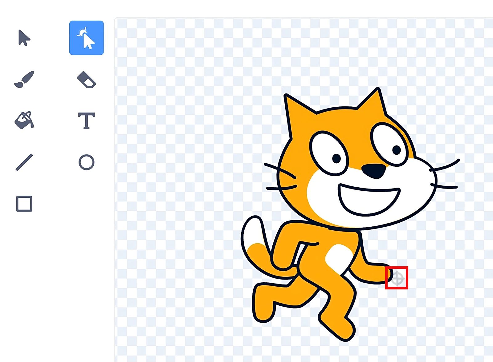 Grafika przedstawia obszar roboczy zakładki "Kostiumy" z duszkiem - kotem i wyróżnionym punktem zaczepienia.