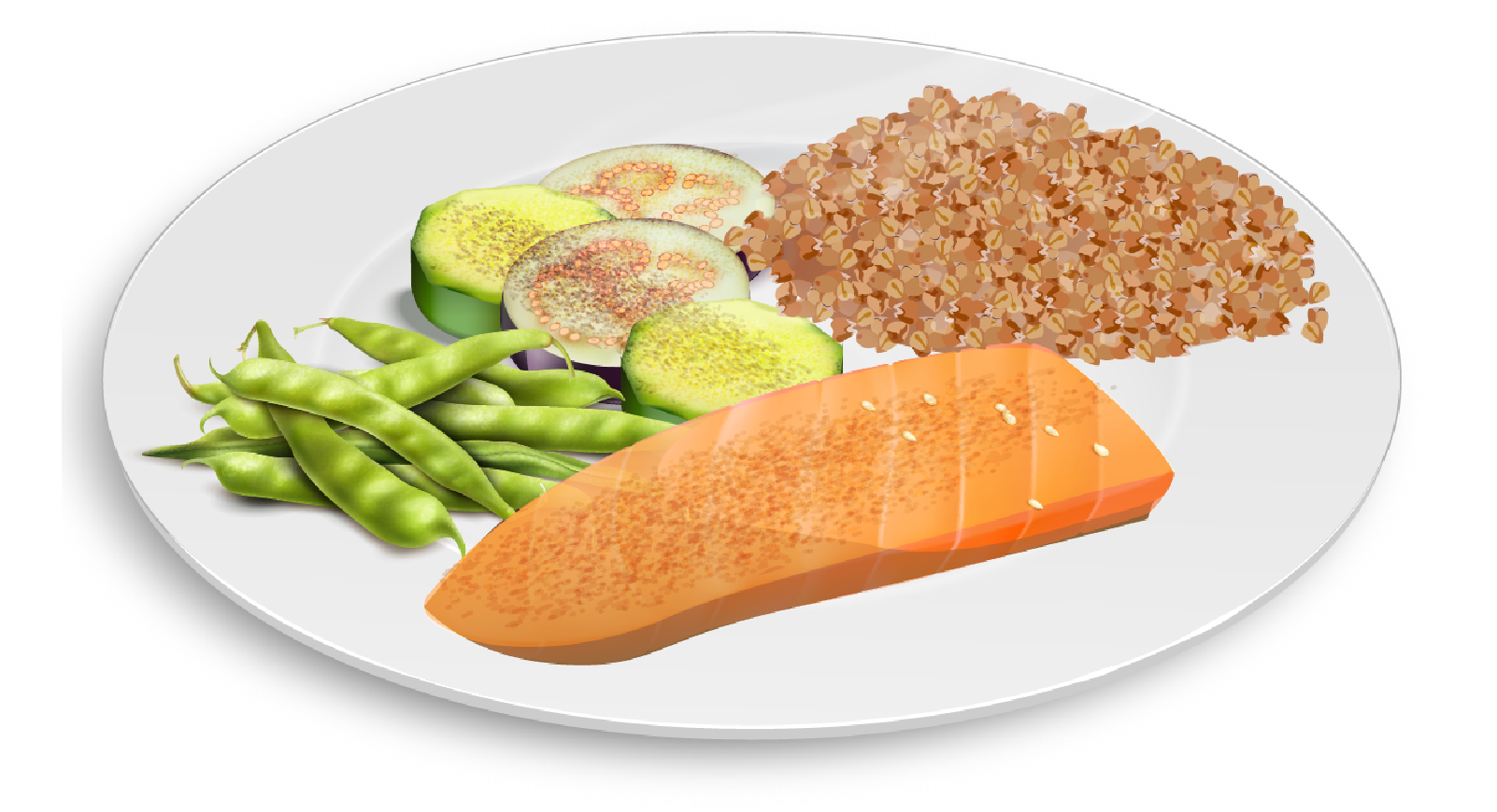 Grafika przedstawia przykładowe składniki diety z ograniczeniem łatwo przyswajalnych węglowodanów. Widoczny jest biały talerz z zielonym groszkiem w strączkach, kawałkiem łososia, kaszą gryczaną i plastrami cukinii i bakłażana.