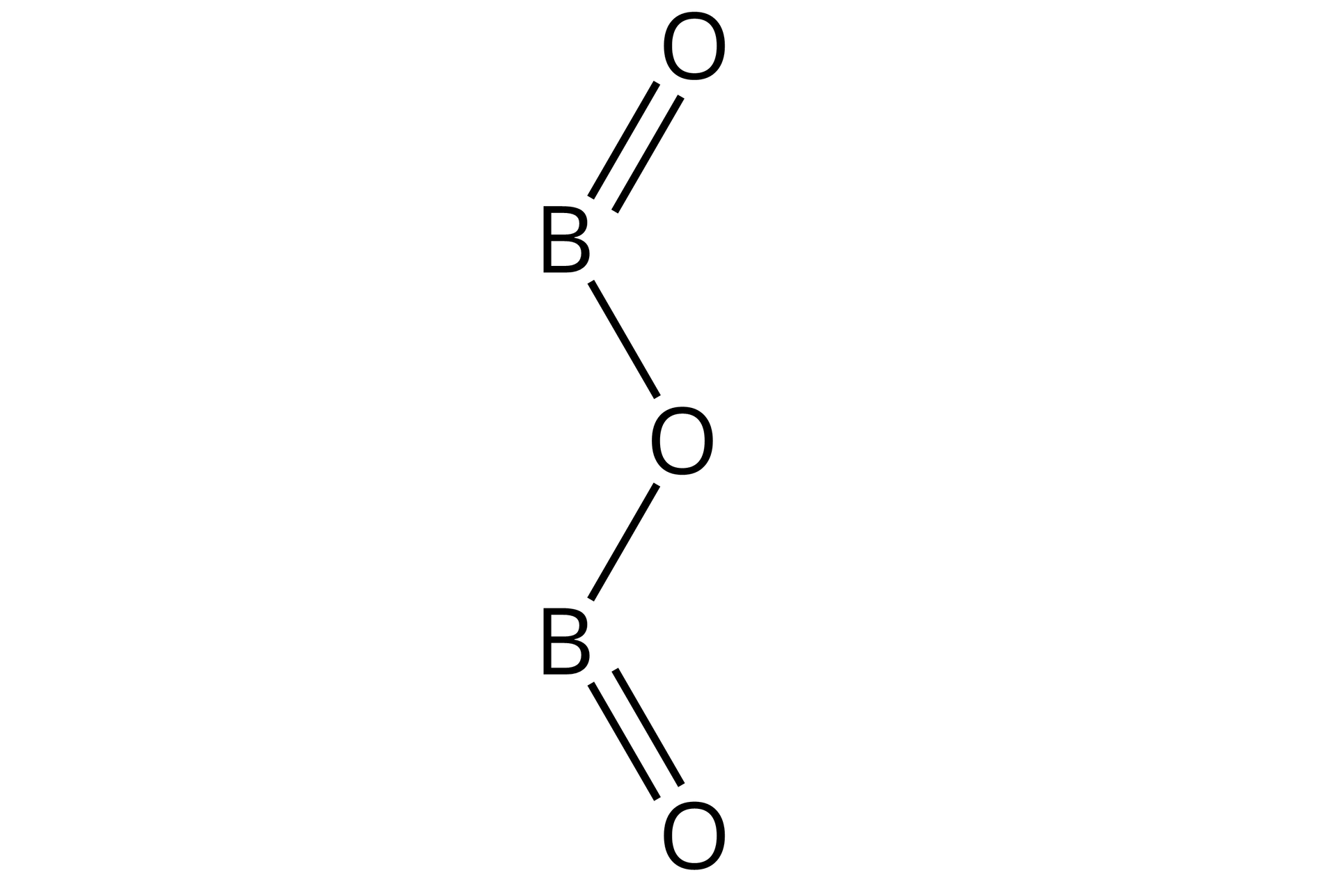 Ilustracja przedstawiająca wzór tlenku boru zbudowany z atomu tlenu połączonego wiązaniami pojedynczymi z dwoma atomami boru, z których każdy łączy się za pomocą wiązania podwójnego z atomem tlenu.