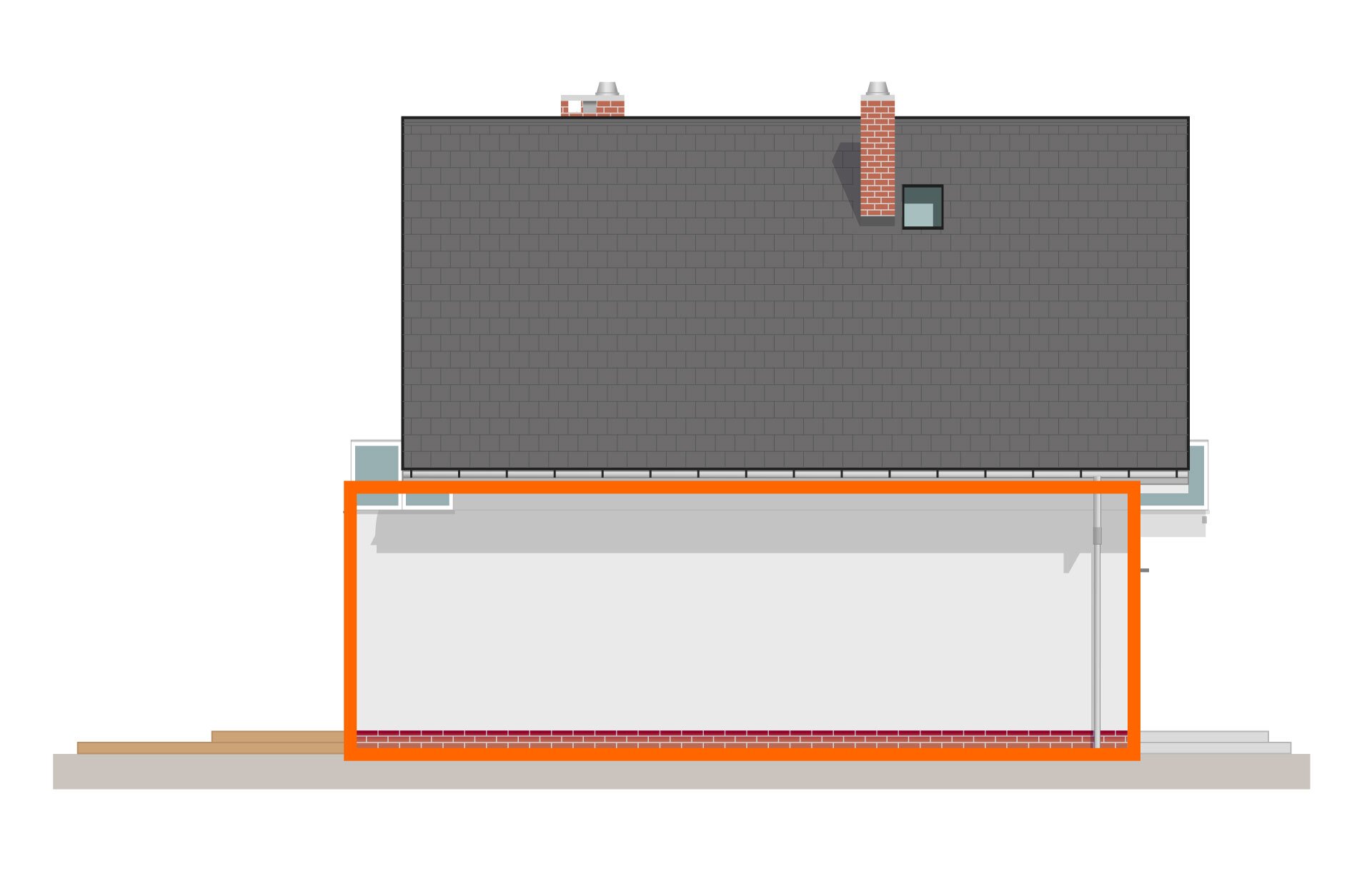 Ilustracja przedstawia rzut boczny na dom rodzinny. Budynek ma jasne ściany, szary dach, komin oraz uchylne okno dachowe. Ściana boczna została oznaczona pomarańczową ramką - jest pozbawiona jakichkolwiek otworów.