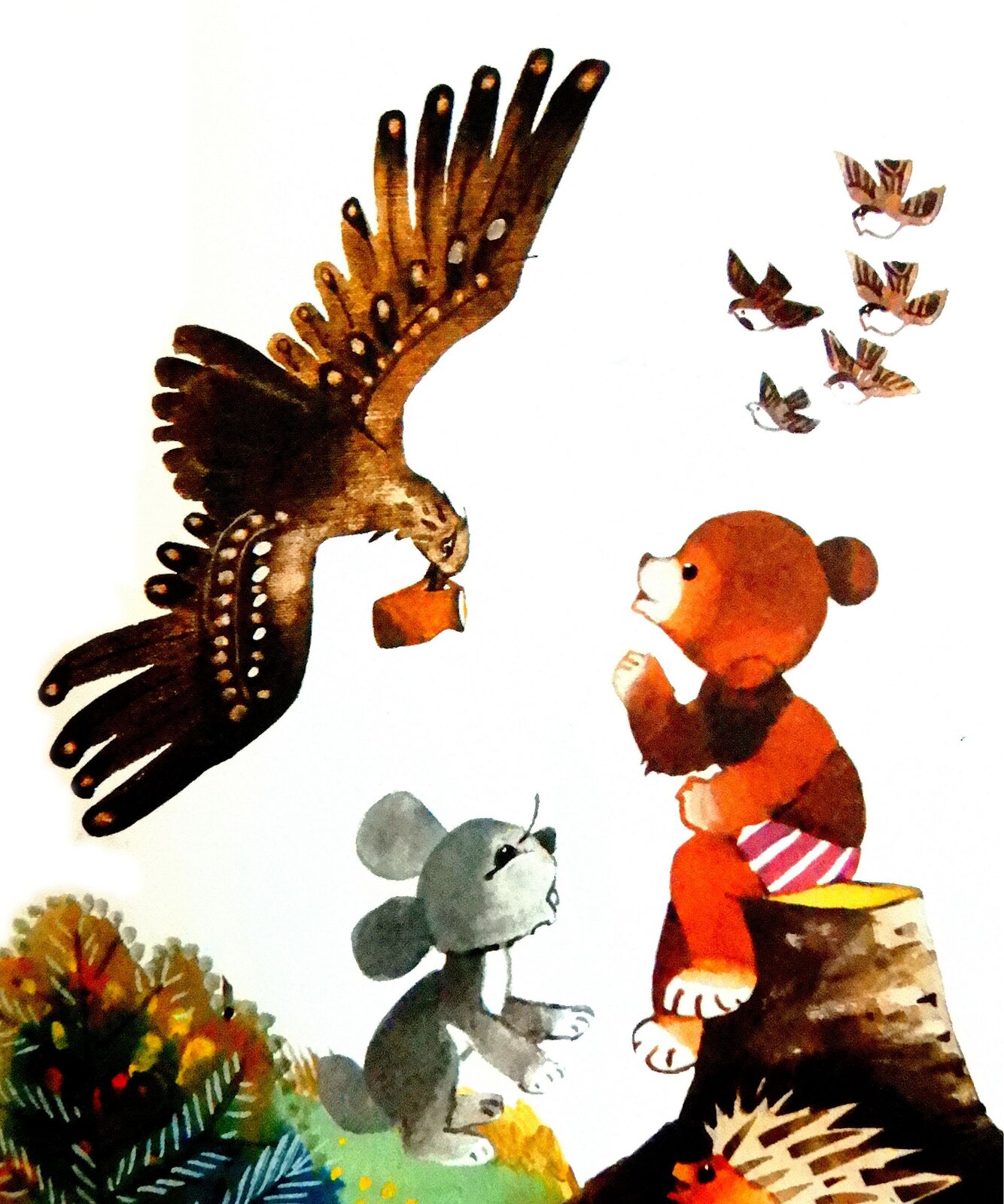 Ilustracja przedstawia pracę Zbigniewa Rychlickiego z książki Czesława Janczewskiego "Miś Uszatek". Ukazuje siedzącego na pniu misia oraz znajdującego się naprzeciw szarego królika. Z lewej strony nadlatuje orzeł z dzbankiem w dziobie. Z prawej natomiast nadlatują małe ptaki.