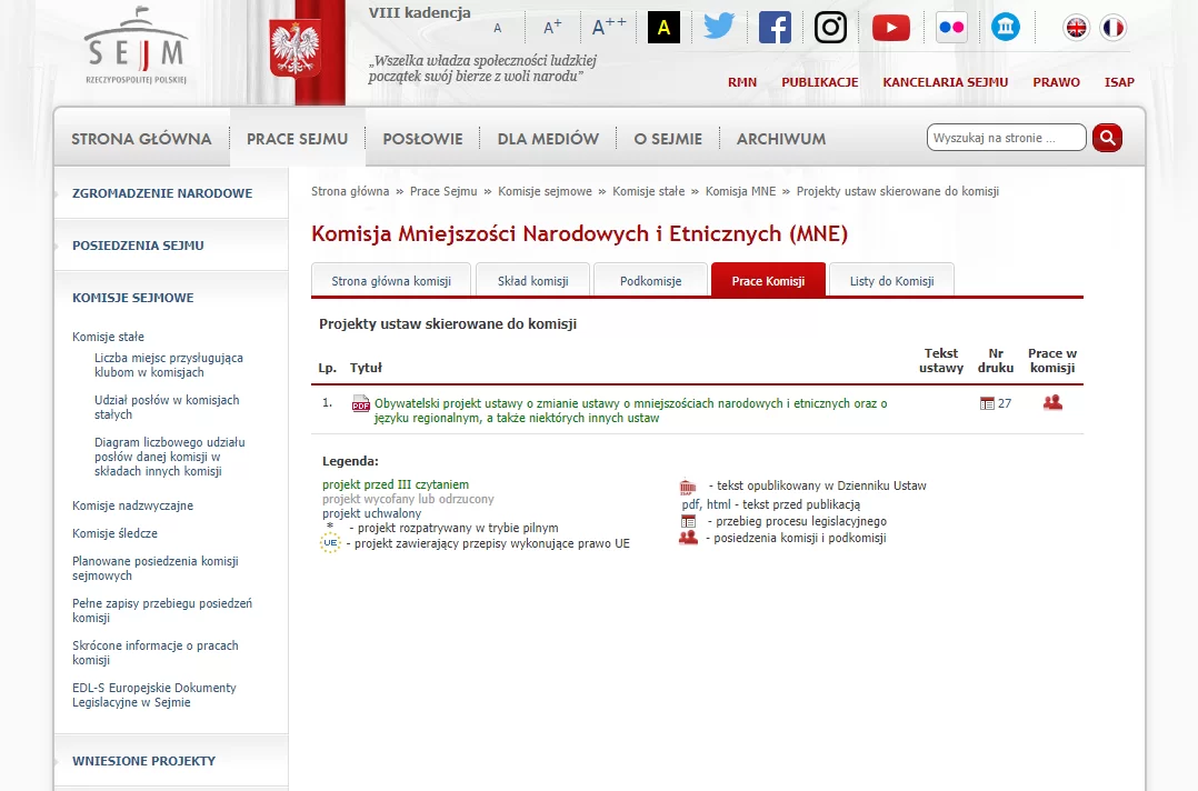 Zdjęcie przedstawia stronę internetową Sejmu. Zakładki: Strona główna, Prace Sejmu, Posłowie, Dla mediów, O Sejmie, Archiwum. Strona otwarta na Komisji Mniejszości Narodowych i Etnicznych na obywatelskim projekcie ustawy o zmianie ustawy o mniejszościach narodowych i etnicznych oraz języku regionalnym.