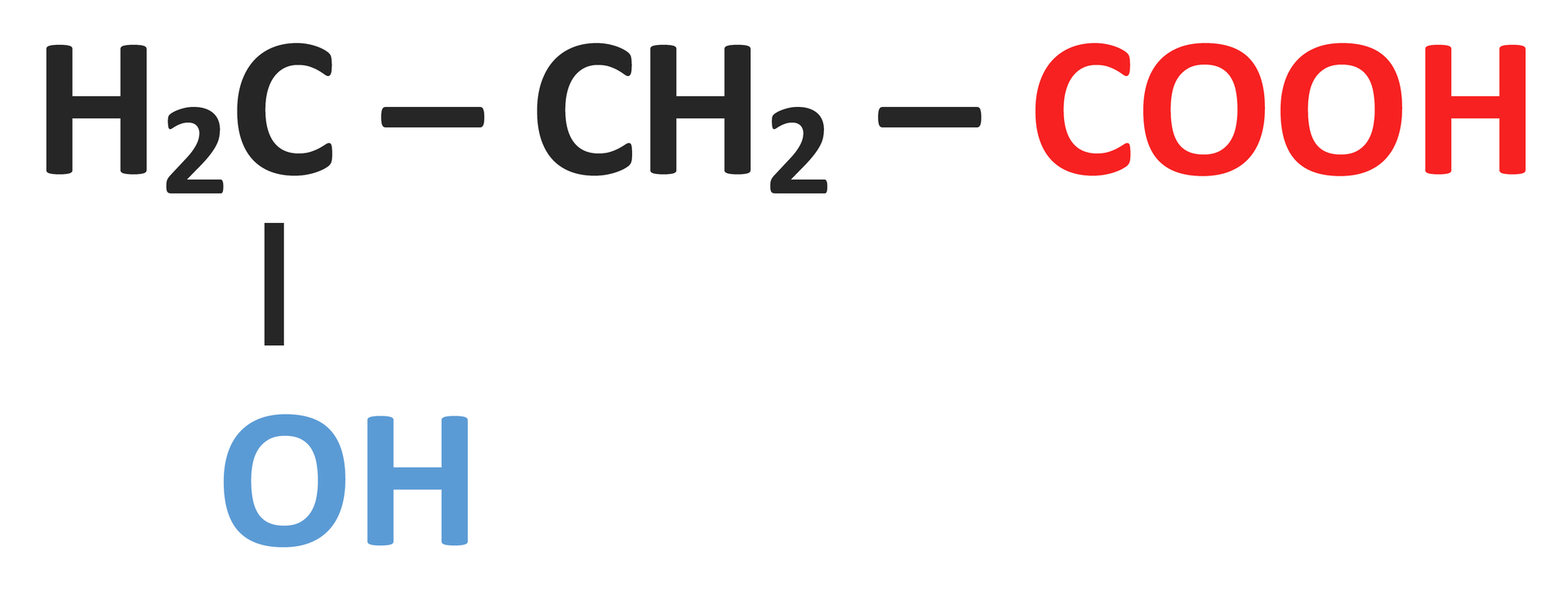 Na ilustracji jest wzór kwasu 3‑hydroksypropanowego: grupa metylenowa łączy się po prawej stronie z kolejną grupą metylenową, a w dół z grupą OH. Druga grupa metylenowa łączy się po prawej stronie z grupą COOH.