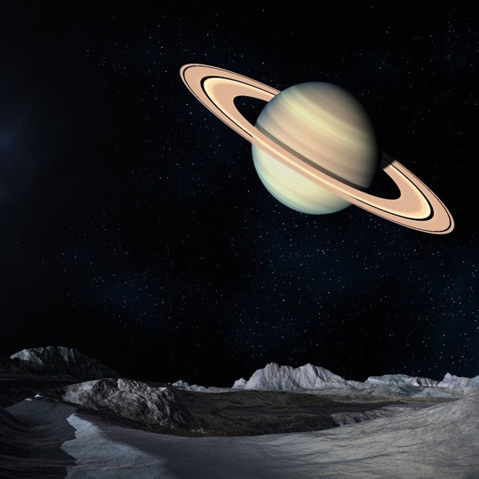 Grafika przedstawia planetę Saturn z pierścieniami planetarnymi dokoła. Planeta przedstawiona jest na czarnym tle, a poniżej widoczne jest skaliste podłoże w kolorze szarym i czarnym.