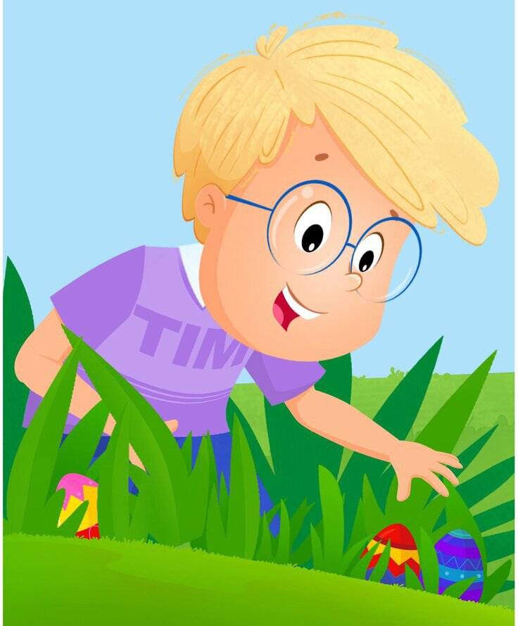 Ilustracja przedstawia Tima szukającego pisanek w ogrodzie.