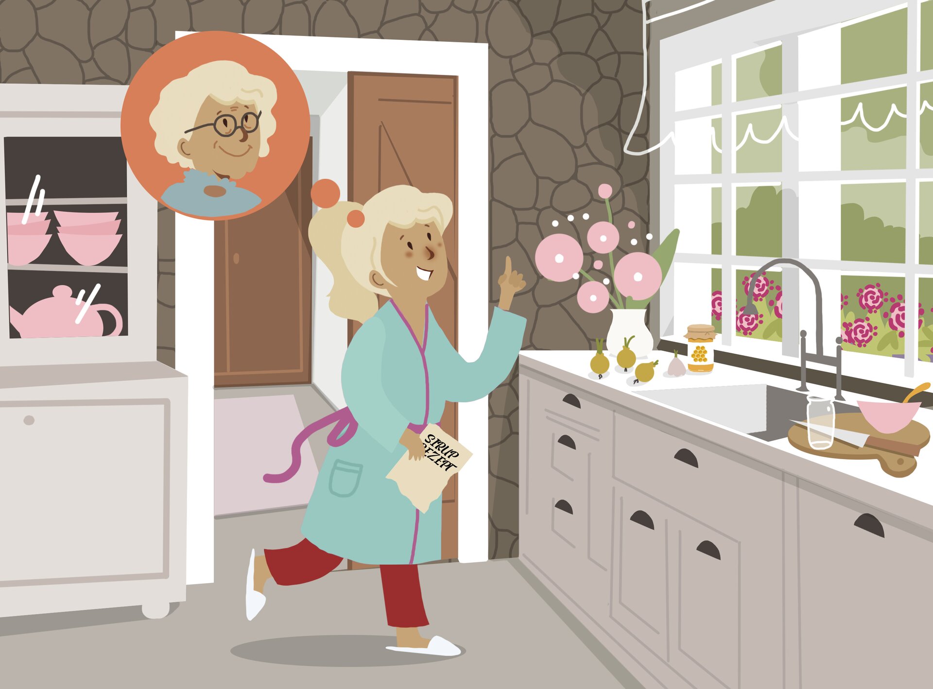 Ilustracja przedstawia dziewczynę stojącą w kuchni. Ma na sobie piżamę i szlafrok. W ręce trzyma kartkę z napisem  Sirup Rezept. Nad jej głową unosi się dymek myślowy, w którym widoczna jest jej babcia. Na blacie kuchennym leżą cebule, miód, nóż, miska i deska do krojenia.