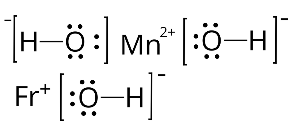 Ilustracja przedstawiająca wzory strukturalne wodorotlenku manganu(dwa) oraz wodorotlenku fransu. Wzór strukturalny wodorotlenku manganu(dwa) zbudowany jest z kationu manganu M n indeks górny, dwa, plus, koniec indeksu górnego oraz dwóch anionów hydroksylowych, które go otaczają z dwóch stron. Aniony przedstawione zostały następująco: atom wodoru połączony z atomem tlenu posiadającym trzy pary elektronowe, w sumie zaznaczone jako sześć kropek. Atomy te znajdują się w nawiasie kwadratowym, względem którego w indeksie górnym jest znak minus. Wzór strukturalny wodorotlenku fransu zbudowany jest z kationu fransu F r indeks górny, plus, koniec indeksu górnego oraz anionu wodorotlenowego O H indeks górny, minus, koniec indeksu górnego. Atom wodoru H połączony z atomem tlenu O, na którym zaznaczono trzy pary elektronowe znajdują się w nawiasie kwadratowym, względem którego w indeksie górnym jest znak minus.