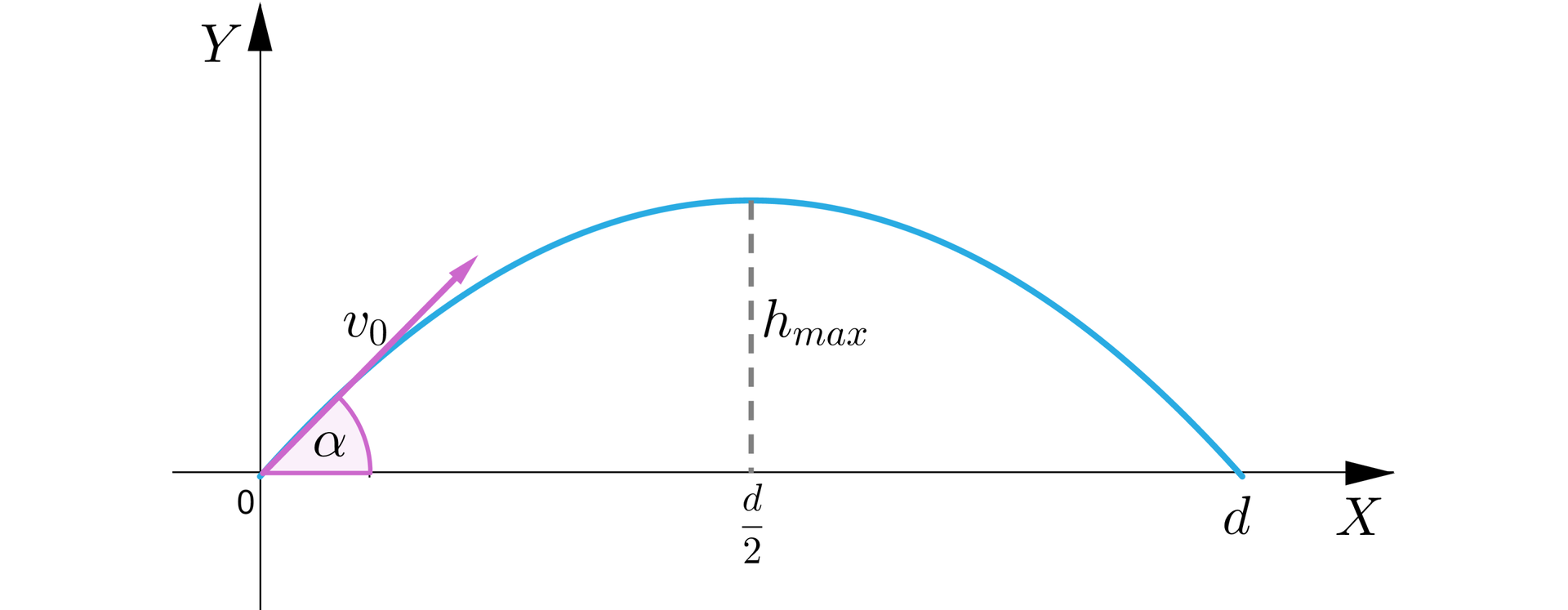 Ilustracja przedstawia poziomą oś X oraz pionową oś Y. Na rysunku zaznaczono także wykres funkcji kwadratowej będącą parabolą z wierzchołkiem w punkcie nawias d drugich średnik h indeks dolny max koniec indeksu koniec nawiasu, jest to pierwsza ćwiartka układu współrzędnych. Parabola ma ramiona skierowane w dół oraz posiada dwa miejsca zerowe, pierwsze w punkcie nawias zero średnik zero koniec nawiasu oraz drugie w punkcie nawias d średnik zero koniec nawiasu. Z punktu nawias zero średnik zero koniec nawiasu poprowadzono wektor v indeks dolny zero koniec indeksu pod kątem alfa do poziomej osi X.