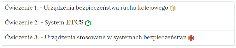 Zrzut ekranu przedstawia przykładowy wygląd zakładek zawierających interaktywne materiały sprawdzające. Składają się one z prostokątnych paneli umieszczonych jeden pod drugim. Każdy panel posiada numer oraz tytuł, który nawiązuje do zawartego w nim zadania.