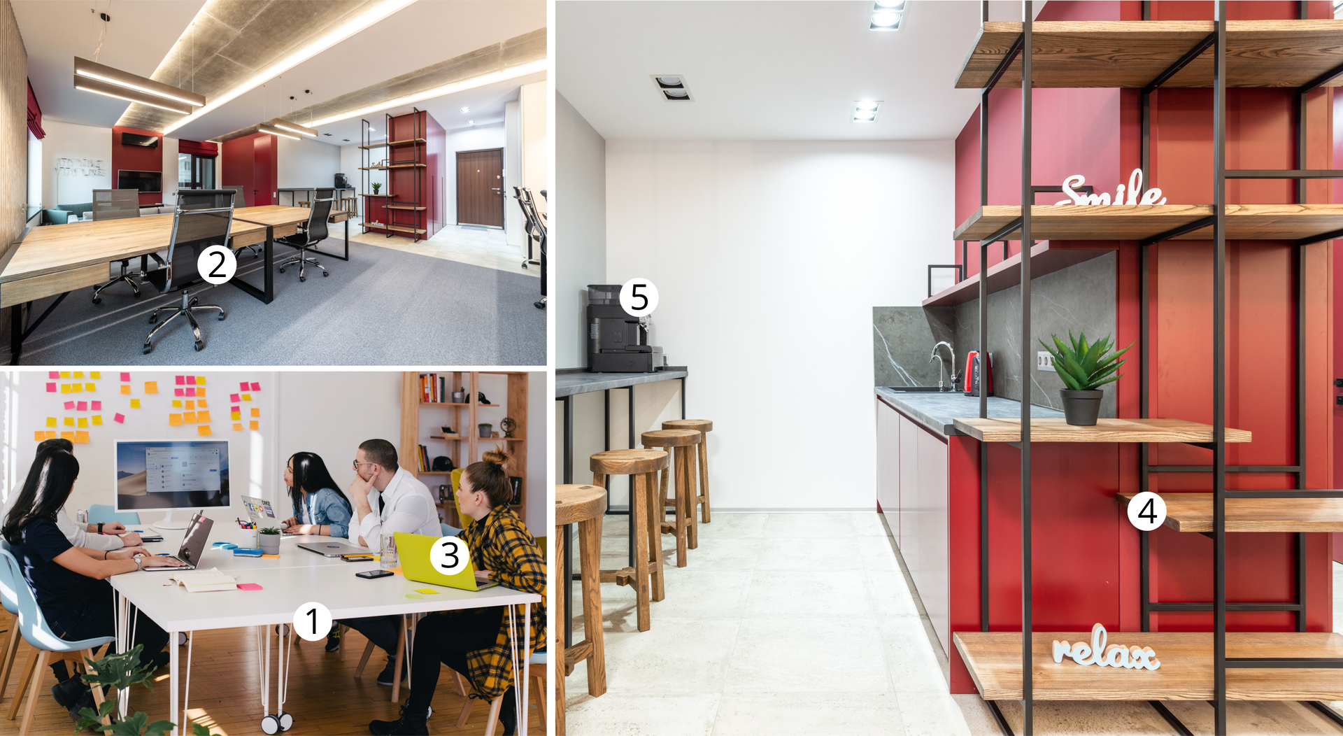 Ilustracja składa się z trzech zdjęć przedstawiających pomieszczenia w szkole. Na każdym zdjęciu numerami oznaczone są przedmioty: stół,krzesło,komputer,regał,ekspres do kawy.