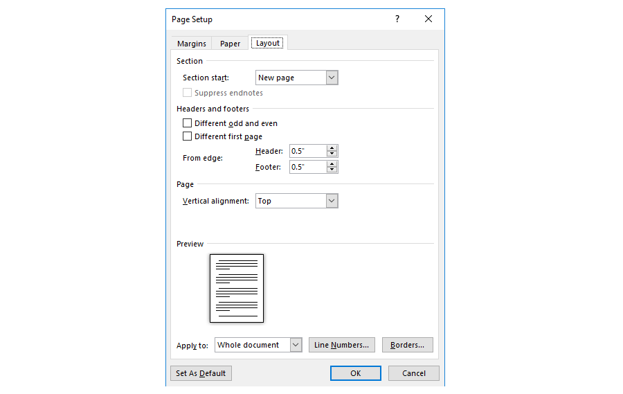Zrzut z ekranu przedstawia właściwości strony (page setup) z aktywną kartą Layout. Od góry Section, niżej Headers and footers (different odd and even, different first oage). Kolejny From edge: Headre, Footer. Niżej Page - vertical aligment. Ostatnim elementem do ustawienia jest Preview oraz Apply to. Na dole formatki znajdują się przyciski: Set As Default, OK Cancel.