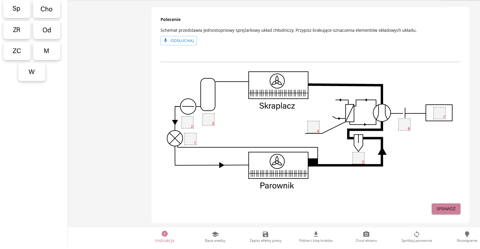 Ilustracja przedstawia wygląd programu ćwiczeniowego. Na górze znajduje się polecenie, po niżej schemat, który należy uzupełnić o elementy widoczne po lewej stronie planszy.