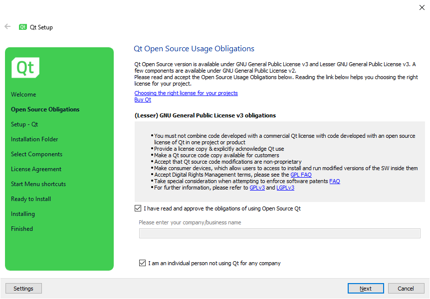 Zrzut ekranu przedstawia instalator Qt.  krok drugi  Open Source Obligations.  Wewnątrz okna znajdują się informacje o licencji oraz dwa pola wyboru.  Pierwsze po przeczytaniu obligacji dotyczących używania programu, drugie informujące o byciu osobą prywatną.