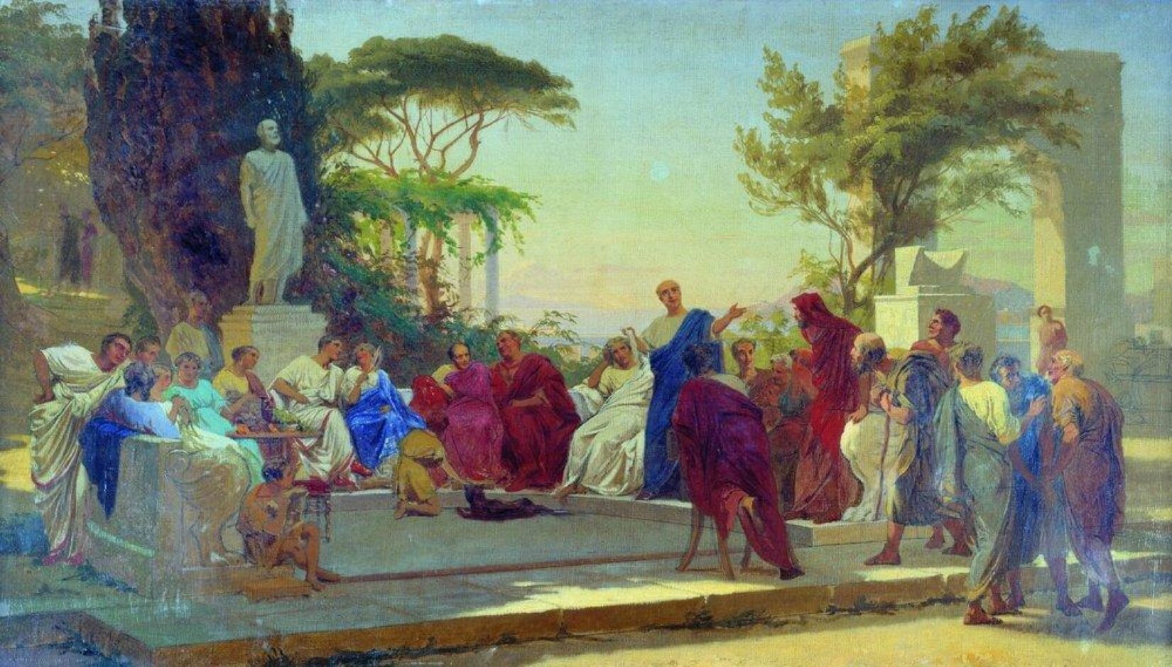 Obraz przedstawia ludzi zgromadzonych na placu otoczonym drzewami. Na białej posadzce stoi tłum zwrócony w stronę mężczyzny w intensywnie niebieskiej szacie, który w prawej dłoni trzyma fragment papirusu, a lewą wskazuje przed siebie. Zebrani stoją oraz siedzą wokół, patrząc na niego. Z lewej strony znajduje się biała rzeźba ukazująca podobiznę starszego mężczyzny. Z prawej strony ukazano siedzącego na wyższym krześle mężczyznę odzianego w czerwoną szatę z kapturem. W tle ukazano wysoki budynek, fragment góry oraz jasne niebo. 