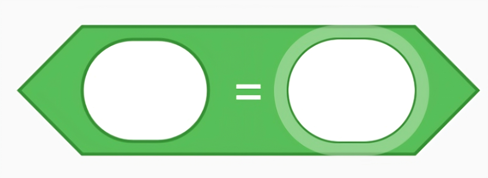 Zielony klocek Scratch z kategorii "Wyrażenia" z dwoma białymi polami do wpisania wartości i znakiem równa się między nimi.