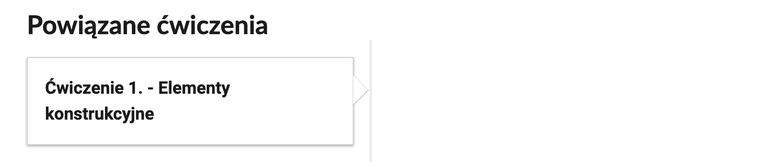 Zrzut ekranu przedstawia przykładowe powiązanie ćwiczenia w atlasie. Widoczny jest nagłówek z napisem "Powiązane ćwiczenia", a pod nim znajduje się prostokątny przycisk z numerem i tytułem ćwiczenia.