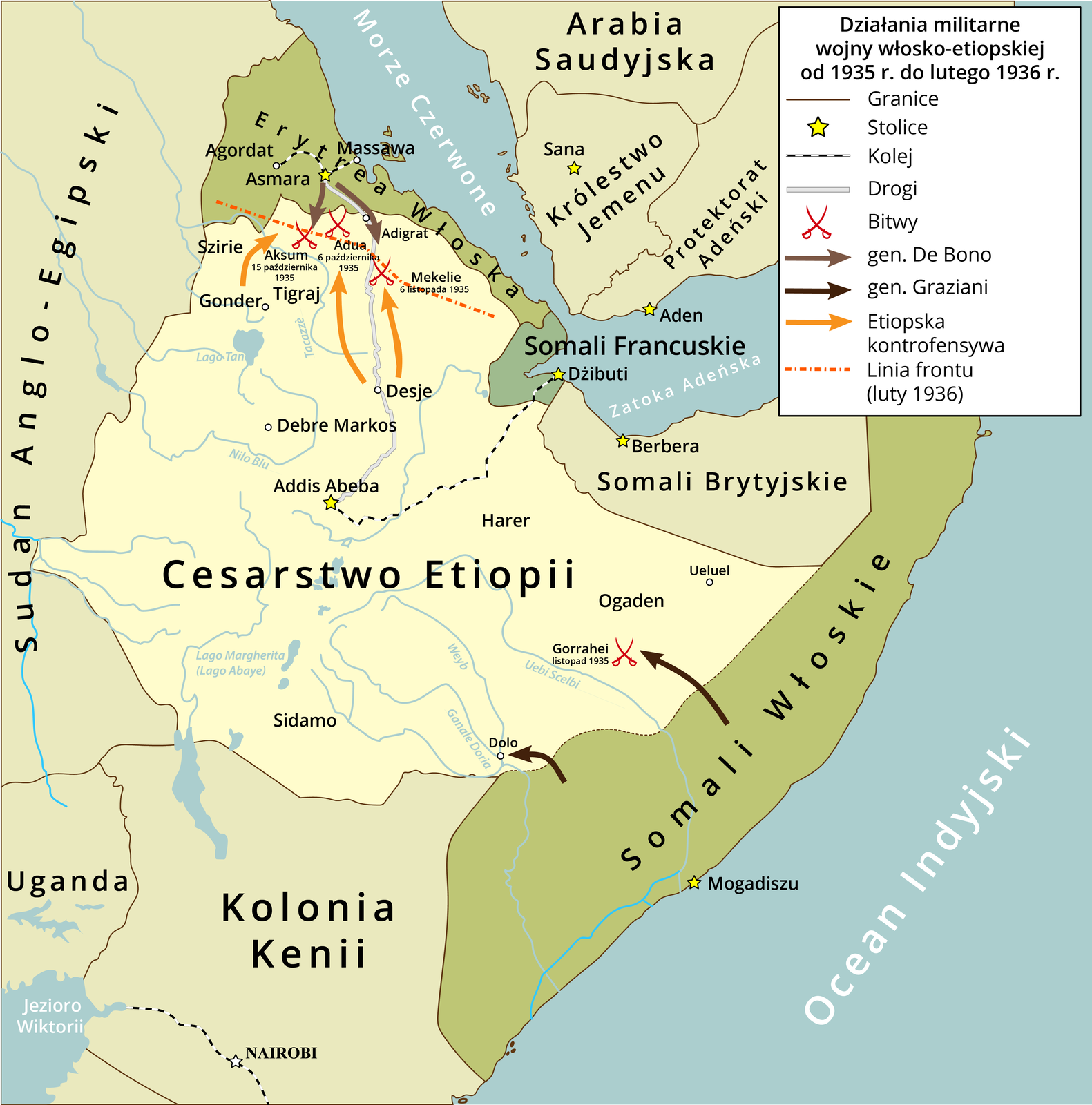 Mapa przedstawia działania militarne wojny włosko etiopskiej od 1935 do lutego 1936 roku. Na mapie zaznaczono Cesarstwo Etiopii (stolica Addis Abeba), które graniczy od wschodu z Sudanem Anglo-Egipskim, na południu z Ugandą i kolonią Kenii, na południowym wschodzie z Somalią Włoską ze stolicą w Mogadiszu. Na północy z Somalią Brytyjską ze stolicą w Berberze, Somalią Francuską ze stolicą w Dżibuti i Erytreą Włoską ze stolicą w Asmarze. Po drugiej stronie Morza Czerwonego zaś znajduje się Arabia Saudyjska, Królestwo Jemenu ze stolicą w Sana i Protektoratem Adeńskim ze stolicą w Aden. Jedna trasa kolei prowadzi od miasta Asmara do miasta Massawa w Erytrei Włoskiej. Druga, dużo dłuższa, od miasta Addis Abeba w Cesarstwie Etiopii na północ do miasta Dżibuti stolicy Somalii Francuskiej, mieszczącego się na wybrzeżu Morza Czerwonego w Zatoce Adeńskiej. Na mapie zaznaczono także drogę, która prowadzi ze stolicy Erytrei Włoskiej - Asmary na południe do miasta Addis Abeba w Cesarstwie Etiopii. Linia frontu w lutym 1936 roku przebiegała w północnej części Cesarstwa Etiopii, zaraz przy granicy z Erytreą Włoską. Stanowi cienki pas obszaru przygranicznego. Ruchy wojsk generała De Bono prowadziły od miasta Asmara w Erytrei Włoskiej w dół na południe do miast Aksum (bitwa 15 października 1935), Adua (bitwa 6 października 1935) i Mekelie (bitwa 6 listopada 1935). Etiopska kontrofensywa przebiegała z okolic miast Desje i Gonder na północ w kierunku Erytrei. Ruchy wojsk generała Graziani prowadziły z Somalii Włoskiej na północ, w pobliżu miast Dolo i Gorrahei (na terenie Cesarstwa Etiopii), gdzie miała miejsce bitwa w listopadzie 1935.
