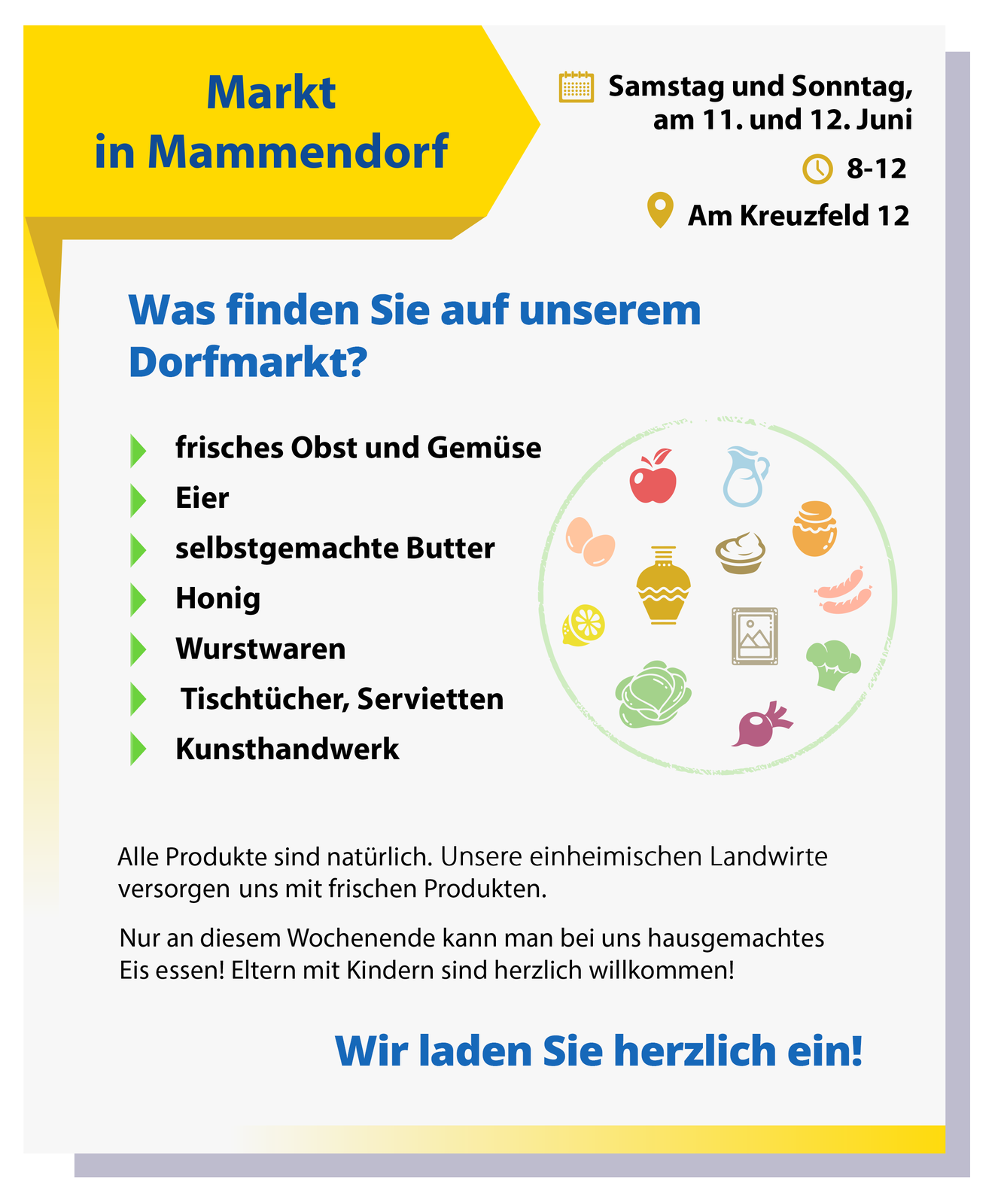 Ilustracja przedstawia ulotkę. Narysowano na niej różnego rodzaju produkty spożywcze. Transkrypcja dostępna poniżej.