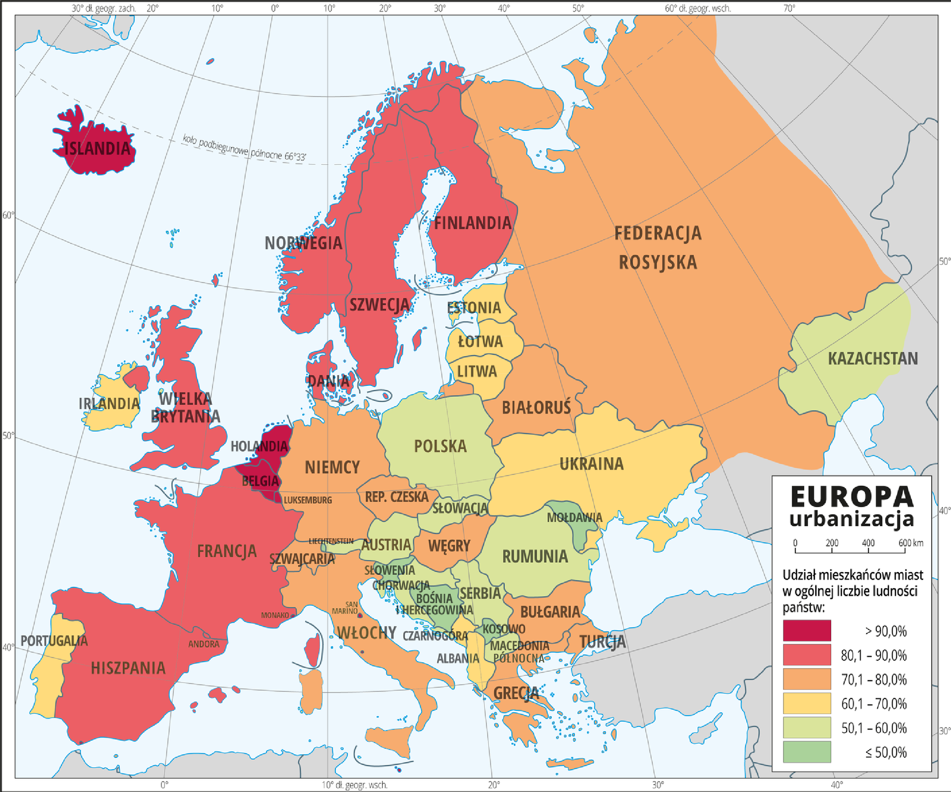 Ilustracja przedstawia mapę polityczną Europy prezentującą stopień urbanizacji. Dookoła mapy w białej ramce opisano współrzędne geograficzne co dziesięć stopni. W legendzie umieszczono i opisano kolory użyte na mapie. W prawym dolnym rogu legenda. Kolorami od zielonego od przez żółty i pomarańczowy do czerwonego przedstawiono udział mieszkańców miast w ogólnej liczbie ludności państw. Kolorem ciemnozielonym oznaczono państwa, w których udział ludności miejskiej nie przekracza pięćdziesięciu procent. Liechtenstein, Mołdawia, Słowenia, Bośnia i Hercegowina, Kosowo. Kolorem jasnozielonym oznaczono państwa, w których udział ludności miejskiej wynosi od 50,1% do 60 %. Polska, Słowacja, Austria, Chorwacja, Rumunia, Serbia, Macedonia Północna, Kazachstan. Kolorem żółtym oznaczono państwa i obszary, w których udział ludności miejskiej wynosi od 60,1 % do 70 %. Estonia, Łotwa, Litwa, Ukraina, Irlandia, Portugalia, Czarnogóra, Albania, włoskie wyspy Sycylia i Sardynia. Kolorem pomarańczowym oznaczono państwa, w których udział ludności miejskiej wynosi od 70,1 % do 80 %. Federacja Rosyjska, Białoruś, Niemcy, Republika Czeska, Węgry, Szwajcaria, Włochy, Bułgaria, Turcja, Grecja. Kolorem czerwonym oznaczono państwa, w których udział ludności miejskiej wynosi od 80,1 % do 90 %. Norwegia, Szwecja, Finlandia, Dania, Wielka Brytania, Francja, Hiszpania, Andora. Kolorem ciemnoczerwonym oznaczono państwa, w których udział ludności miejskiej wynosi powyżej 90 %. Islandia, Holandia, Belgia, Luksemburg, San Marino, Monako.