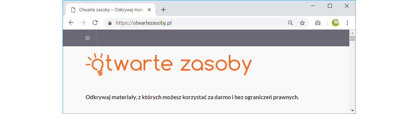 Zrzut z ekranu przedstawia fragment strony internetowej https://otwartezasoby.pl Na Stronie widoczne jest logo w postaci napisu otwarte zasoby - zamiast pierwszej litery o narysowany jest kontur żarówki. Pod spodem napis: Odkrywaj materiały, z których możesz korzystać za darmo i bez ograniczeń prawnych.