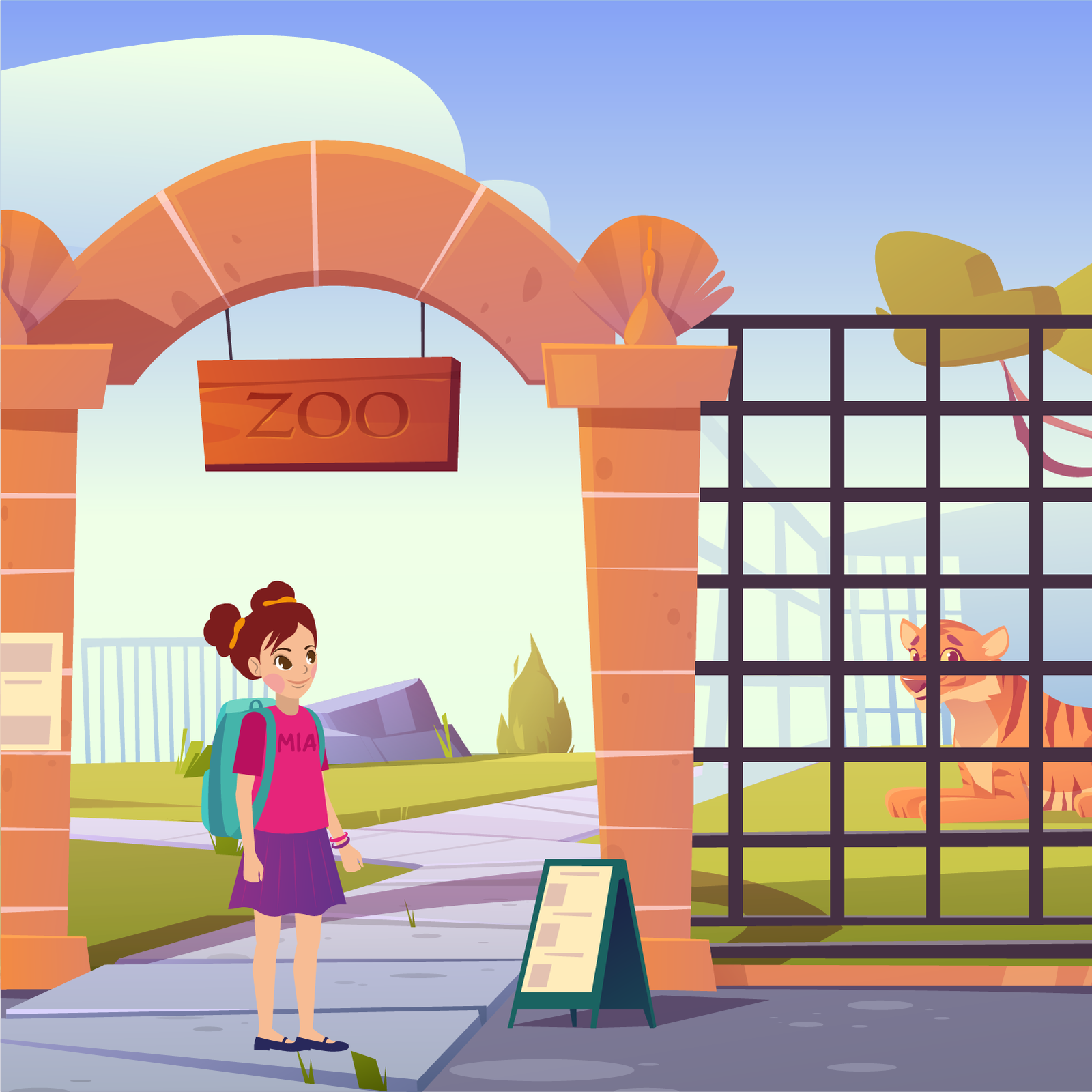  Ilustracja przedstawia Mię z tornistrem na plecach, stojącą przed bramą do ZOO. Nad wejściem widać napis ZOO. Za kratą, widoczny jest tygrys.