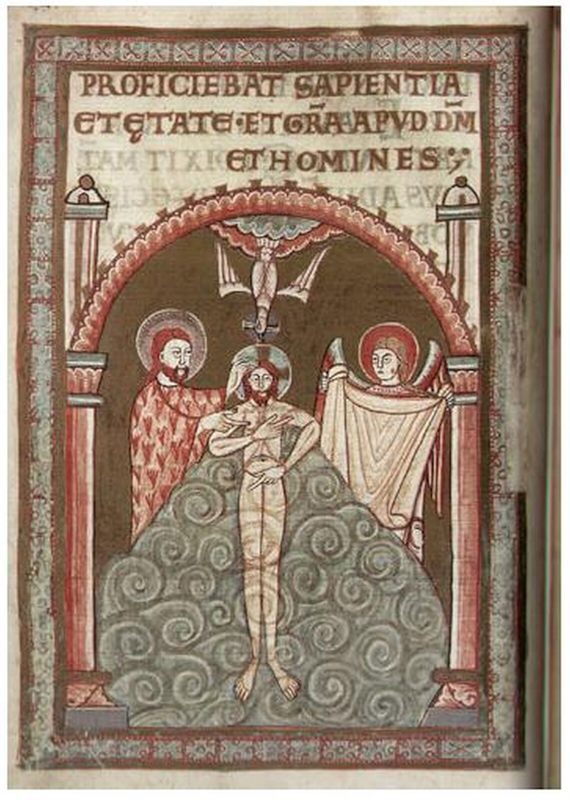 Fotografia nieznanego autora przedstawia kartę z Codex Aureus Gnesensis, która uznawana jest za jedną z najcenniejszych ksiąg polskiego średniowiecza. Na karcie widoczne jest łacińskie zdanie oraz ilustracja przedstawiająca nagiego Chrystusa leżącego na materiale. Obok niego widoczni są dwaj mężczyźni. Jeden przytrzymuje głowę Jezusowi, a drugi trzyma szatę. Nad Jezusem widoczny jest Duch Święty. . 