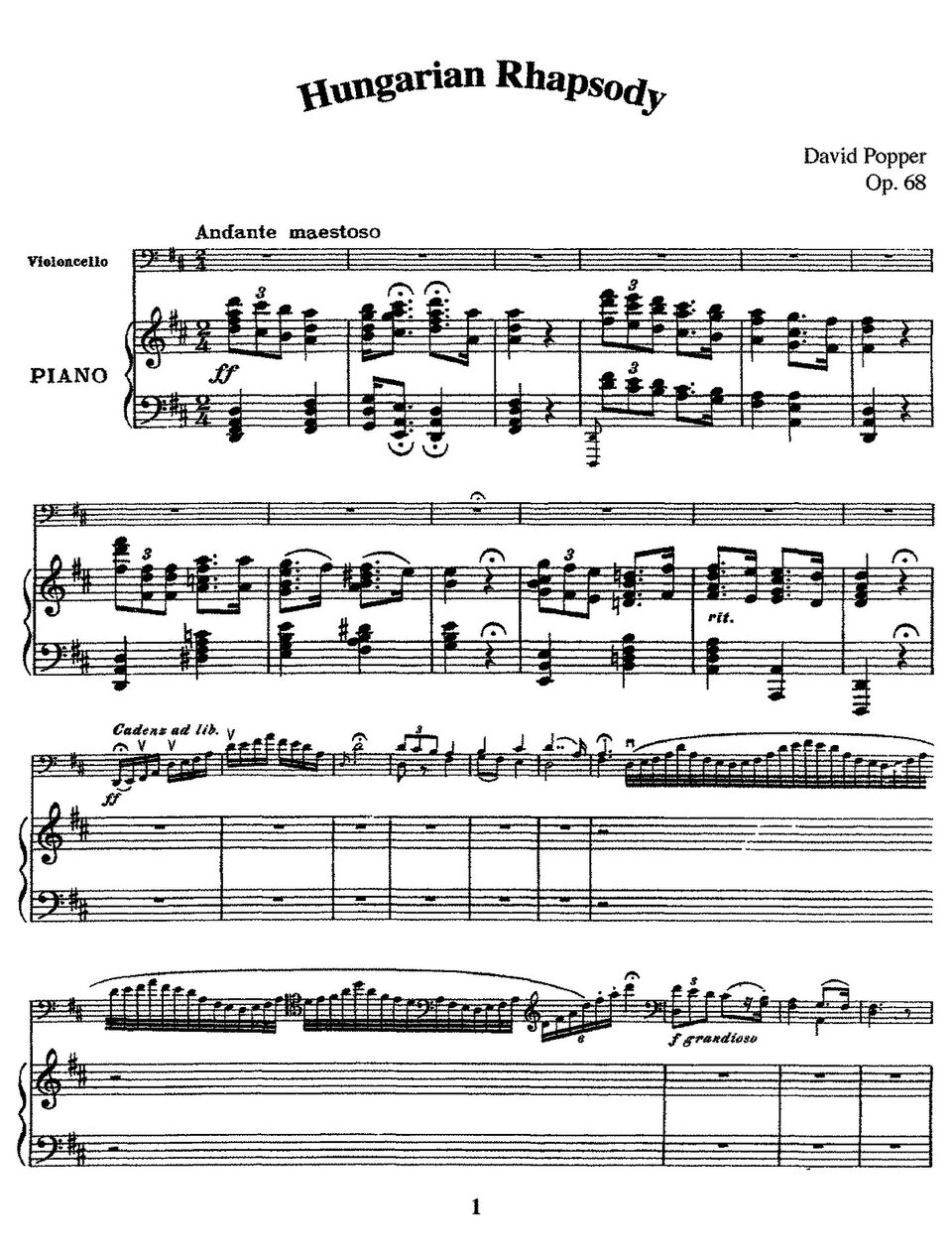 Ilustracja przedstawia zapis nutowy David Popper – „Hungarian Rhapsody” op. 68.