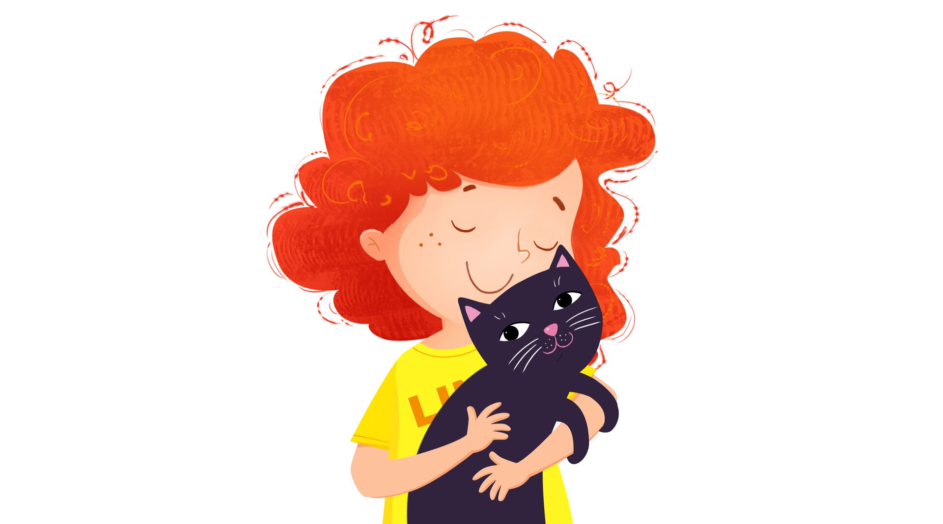 Na ilustracji znajduje się dziewczynka z kotem na rękach.
