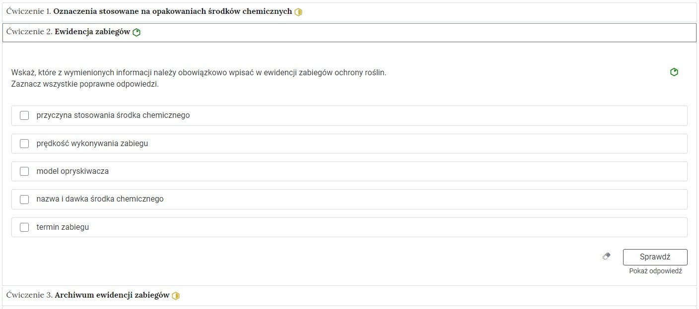 Grafika przedstawia widok ogólny harmonii z interaktywnymi materiałami sprawdzającymi. Widoczne są trzy ćwiczenia z tytułami i różnymi poziomami trudności. Zostało wybranie ćwiczenie drugie. Poniżej widoczna jest treść zadania. 