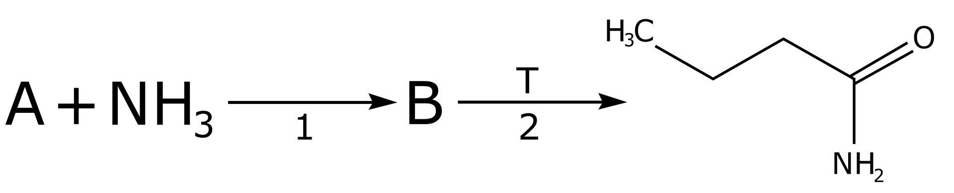 Schemat otrzymywania odpowiedniego amidu. A dodać NH3, strzałka w prawo, pod strzałką 1, za strzałką B, strzałka w prawo, nad strzałką T, pod strzałką 2, za strzałką cząsteczka zbudowana z CH3 połączoną z grupą CH2 związaną z kolejną grupą CH2, a ta zaś z atomem węgla połączonym za pomocą wiązania podwójnego z atomem tlenu oraz za pomocą wiązania pojedynczego z grupą NH2.