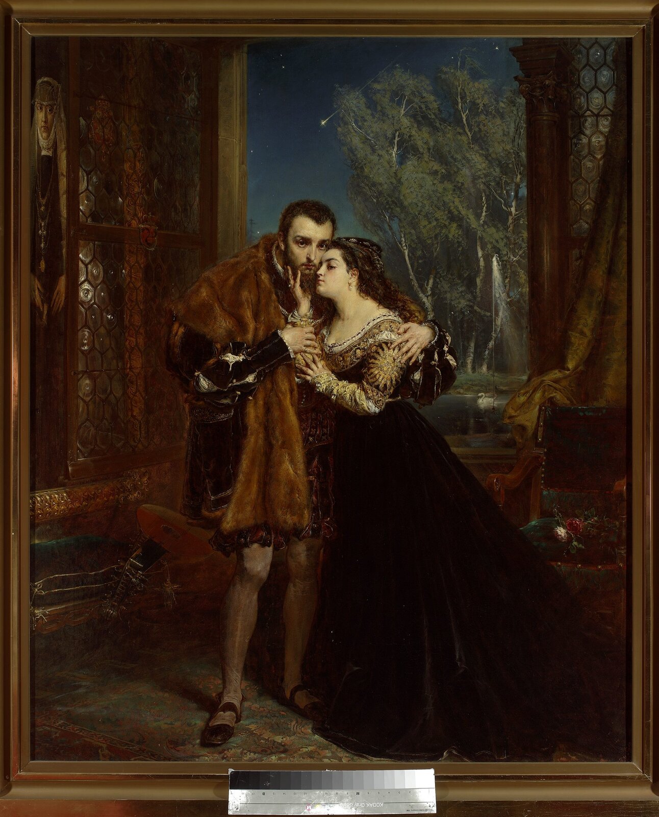 Obraz autorstwa Jana Matejki pod tytułem „Zygmunt August z Barbarą na dworze radziwiłłowskim w Wilnie” przedstawia scenę w której to Zygmunt i Barbara pozują w komnacie. Mężczyzna ma krótko ścięte ciemne włosy, ubrany jest w ciemne szaty oraz futrzaną narzutę. Jest obejmowany przez Barbarę – młodą kobietę o pulchnej twarzy, długich lokowanych ciemnych włosach. Kobieta ubrana jest w czarną suknię. Para stoi na tle otwartego okna. Widać przez nie gwiaździste niebo i spadającą gwiazdę.