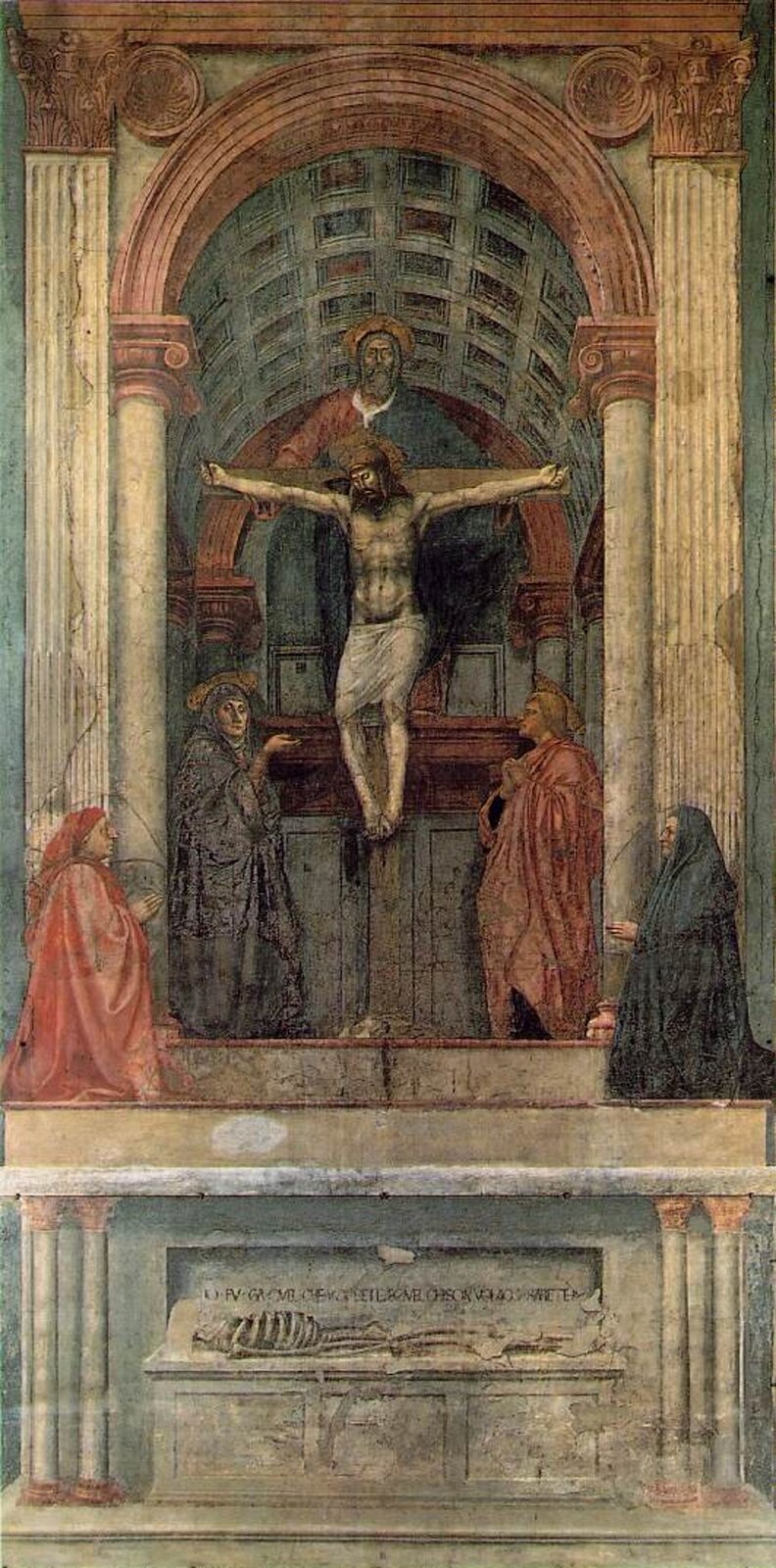 Ilustracja przedstawia obraz pt. „Trójca Święta” autorstwa Masaccio. Obraz powstał około 1425 roku. W centralnym punkcie znajduje się ukrzyżowany Jezus Chrystus. Nad mężczyzną znajduje się postać Boga Ojca. Pomiędzy nimi widzimy Ducha Świętego w postaci gołębicy. Po obu stronach Jezusa możemy dostrzec Marię oraz św. Jana. Poniżej sceny został przedstawiony sarkofag, który sprawia wrażenie, że scena odbywa się w kaplicy. Na sarkofagu widzimy szkielet Adama.