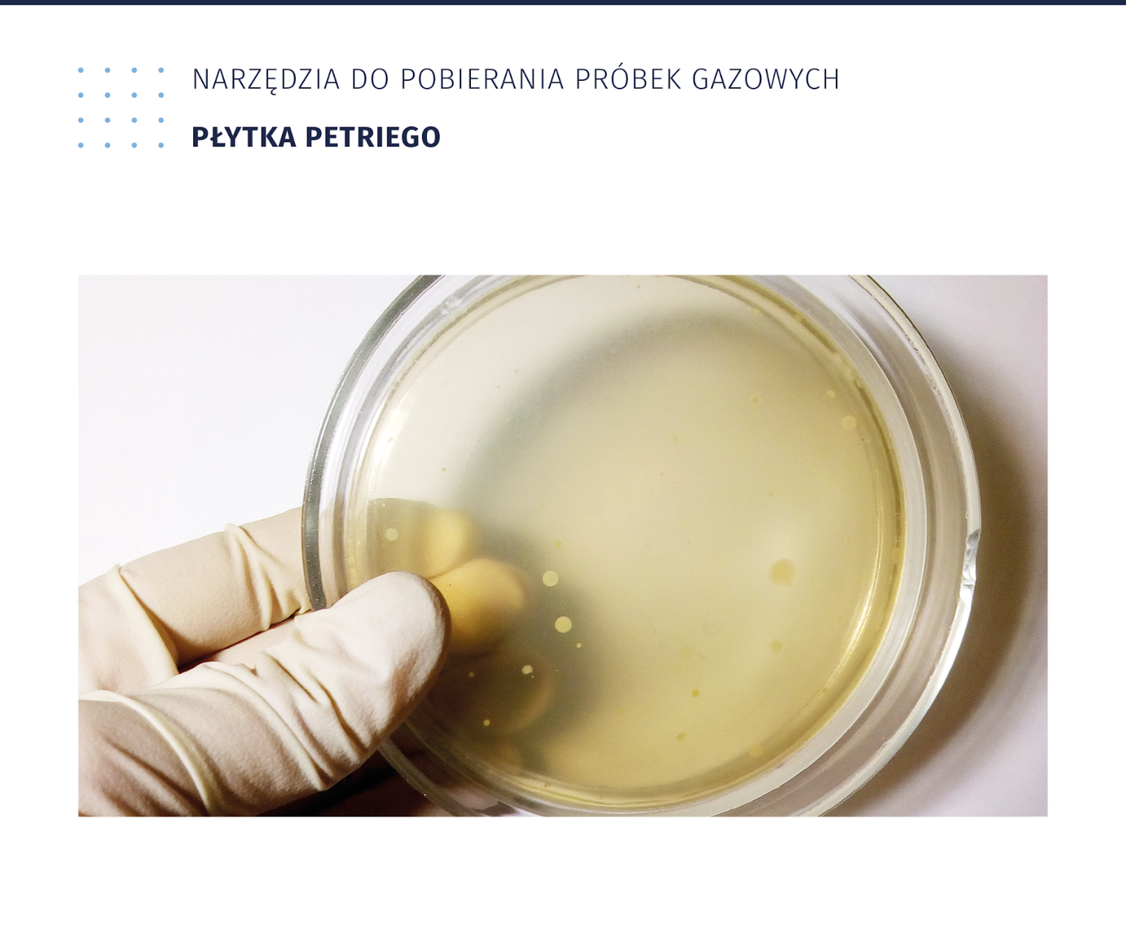 Ilustracja przedstawia okrągłą płytkę Petriego trzymaną przez laboranta w lewej ręce zabezpieczonej gumową rękawicą. Na szalce widoczna jest rozmazana próbka o słomkowym kolorze