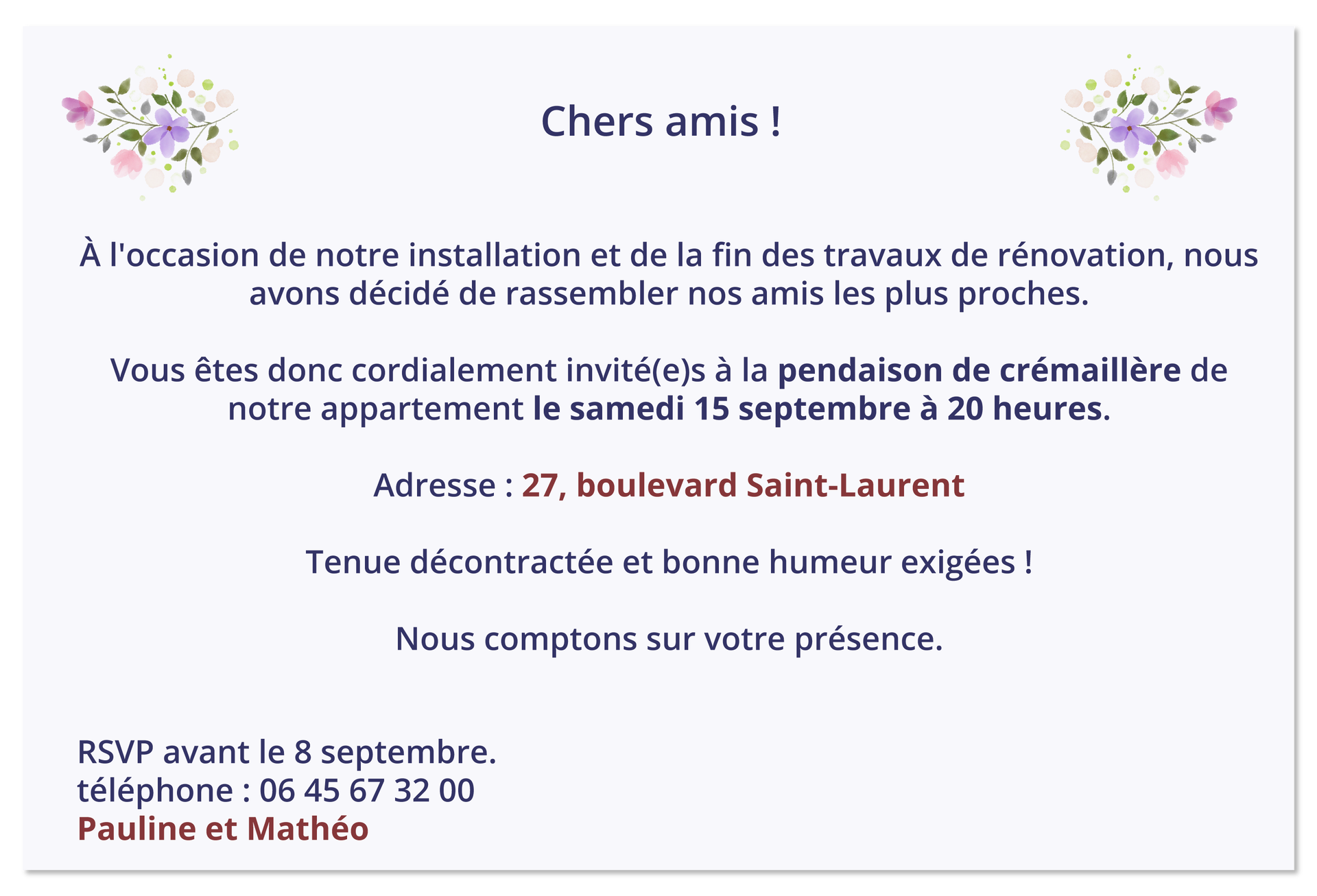 Ilustracja przedstawia karnet z zaproszeniem o treści w języku francuskim: 