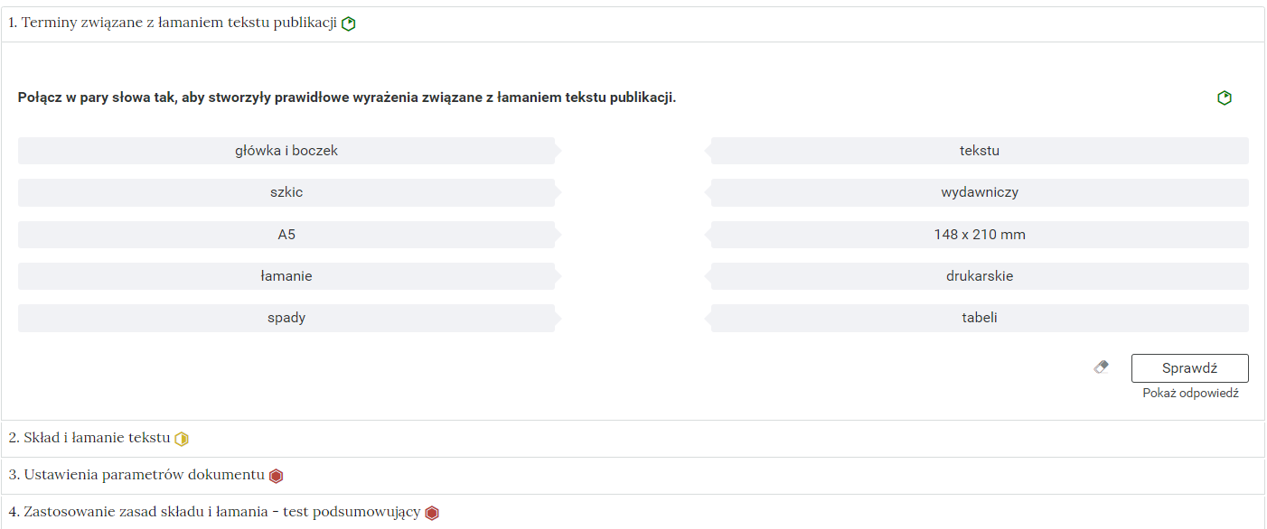 Grafika przedstawia widok pojedynczego zadania z interaktywnego materiału sprawdzającego, na prawo od nazwy zadania widnieje ikonka informująca o poziomie trudności zadania.