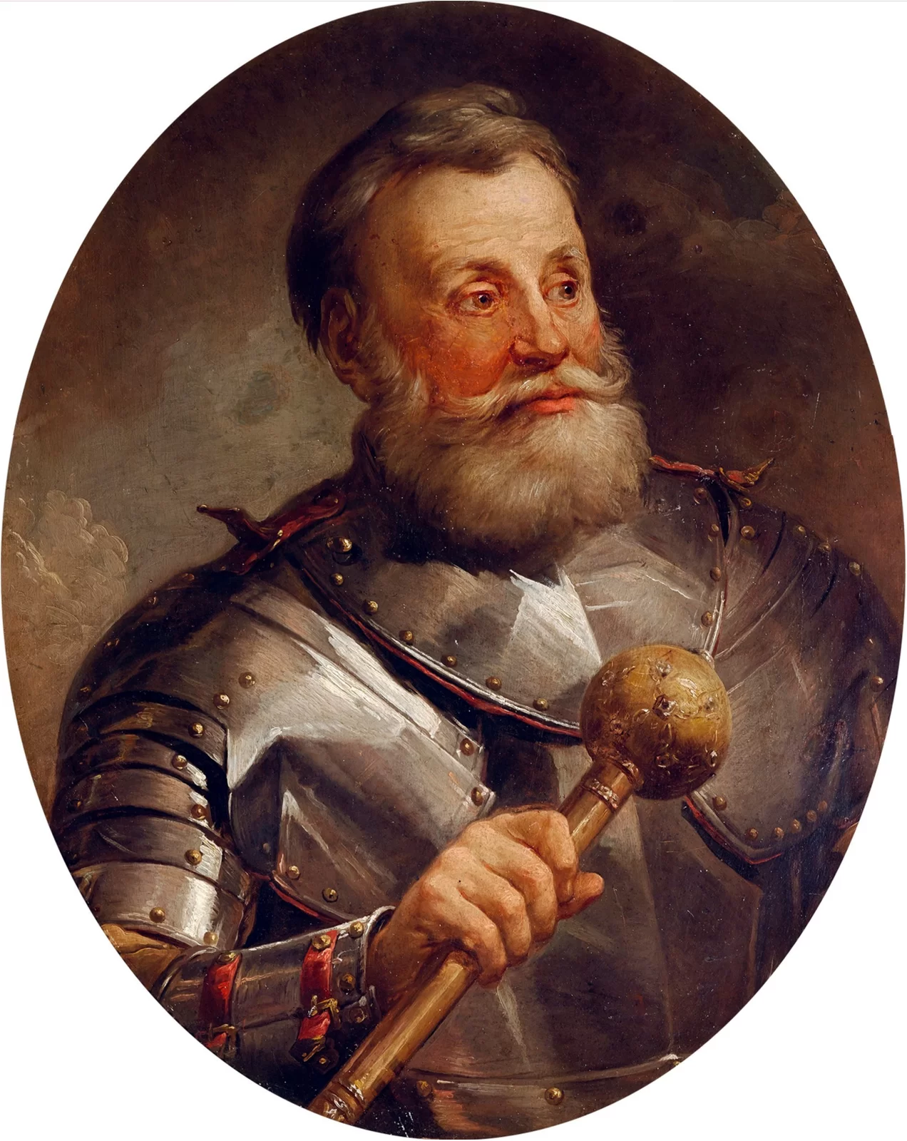 Kliknij, aby powiększyć. Na obrazie przedstawiono portret mężczyzny od klatki piersiowej w górę. Jego głowa jest skierowana w prawą stronę. Mężczyzna jest w podeszłym wieku, ma białą brodę i zmarszczki. Ubrany jest w zbroję. W prawej ręce trzyma buławę.